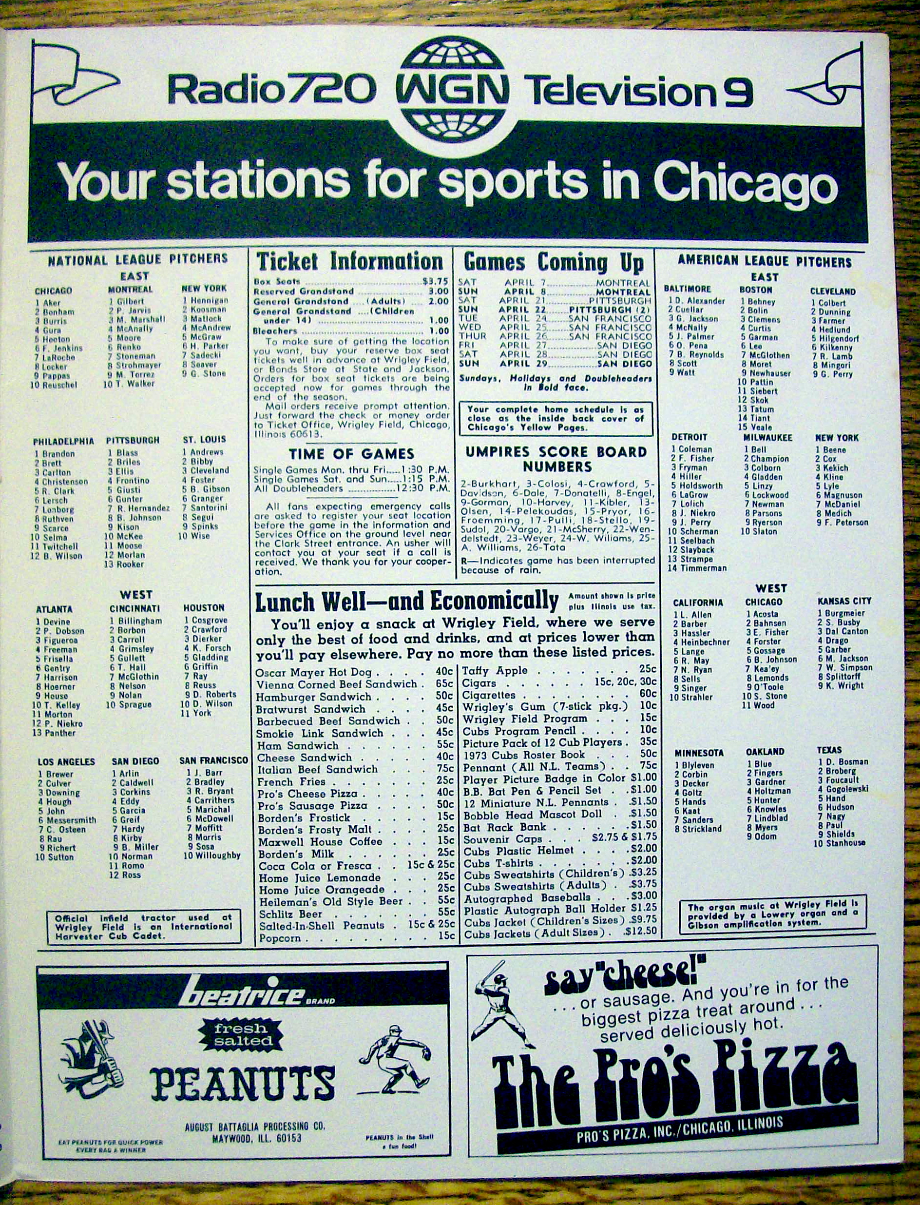 Chicago Cubs vs. Montreal Expos Scorecard April 1973