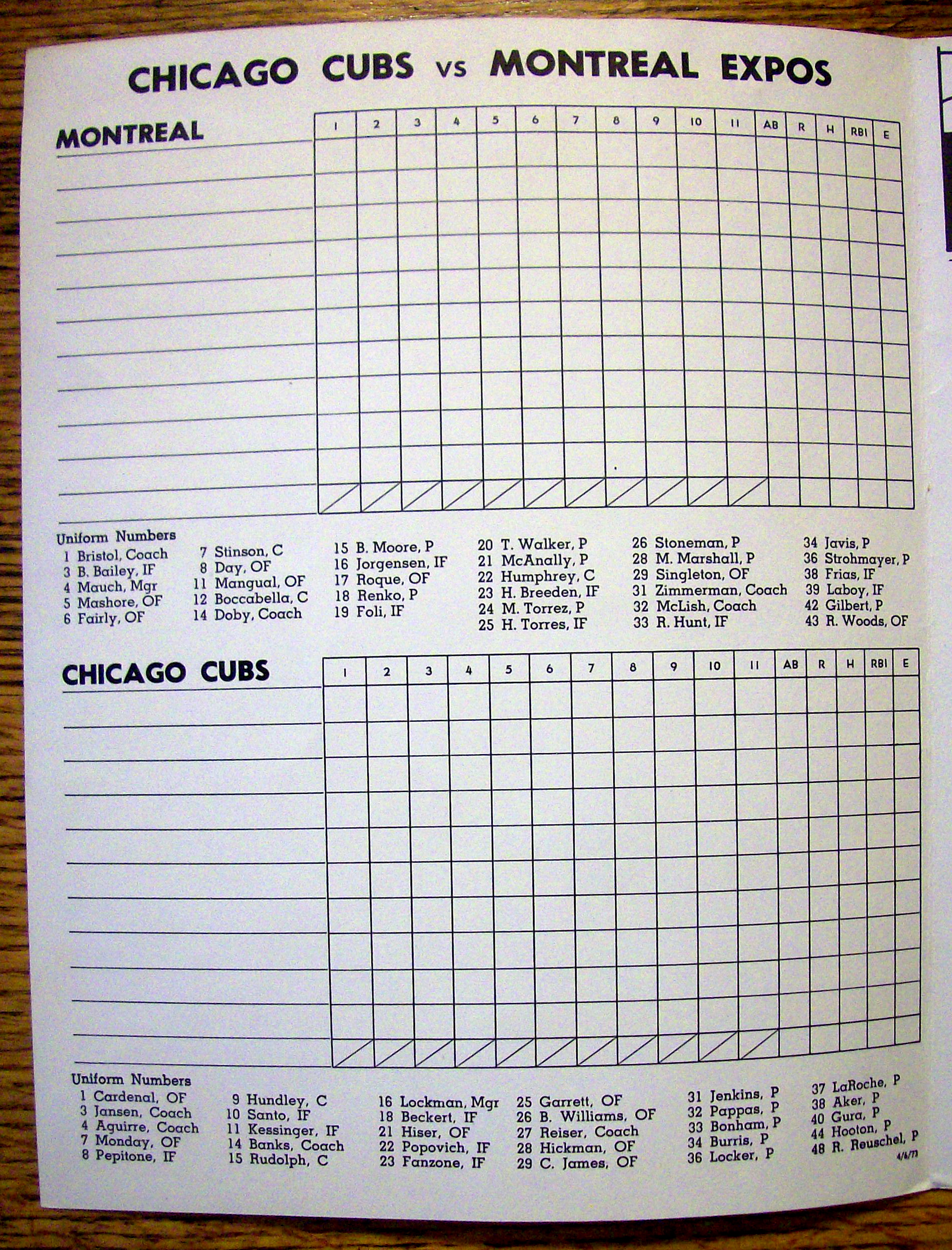 Chicago Cubs vs. Montreal Expos Scorecard April 1973