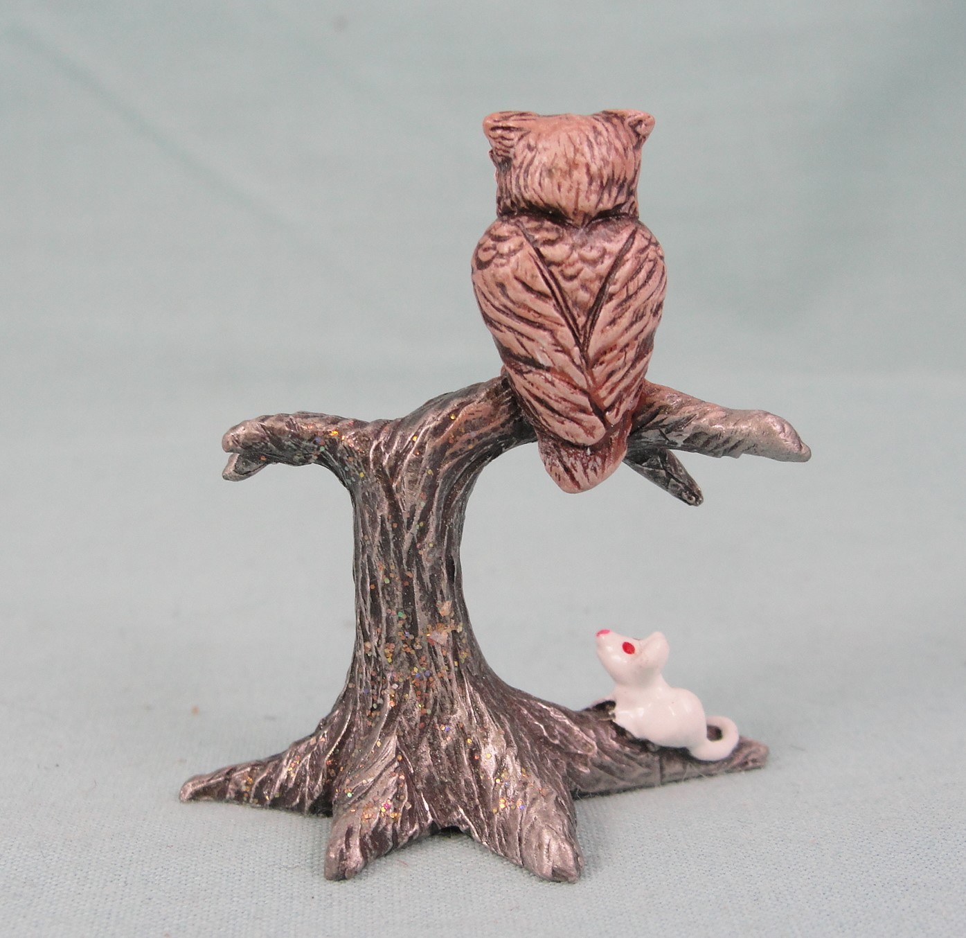 Pewter Images Miniature Painted Owl on Tree w/Mouse