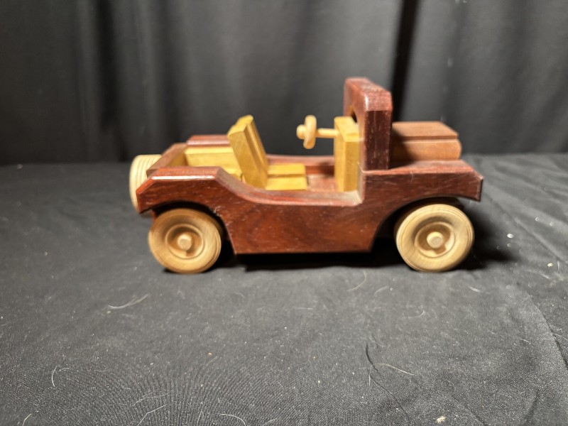 Handcrafted Wooden Toy Jeep Wrangler Safari Car Model Folk Art Display⁠