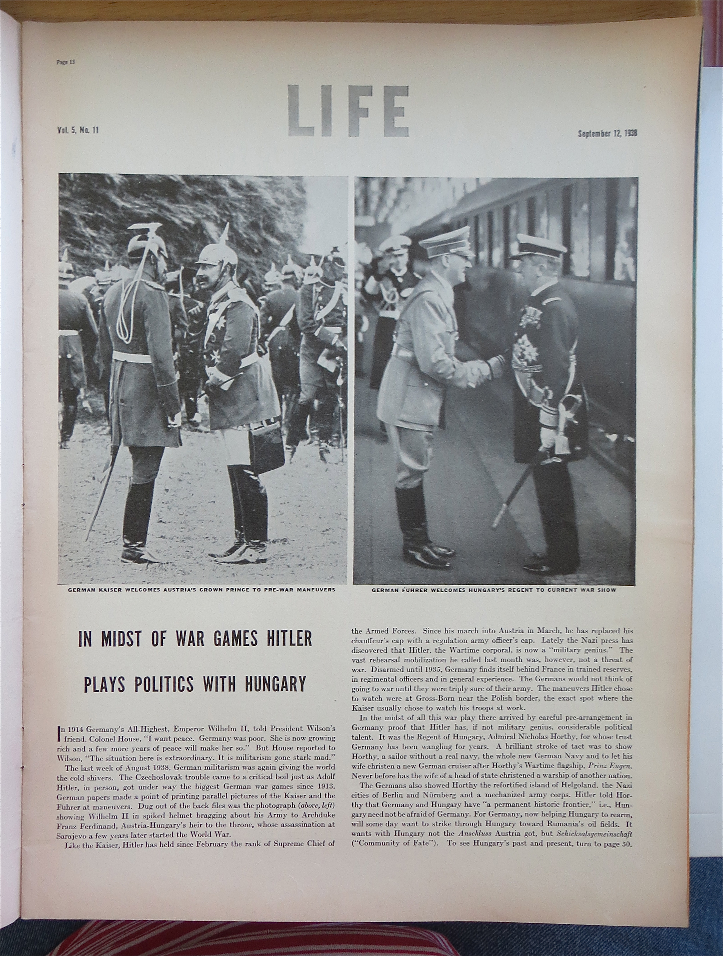 Life  Magazine September 12, 1938 A Prussian In Hungary
