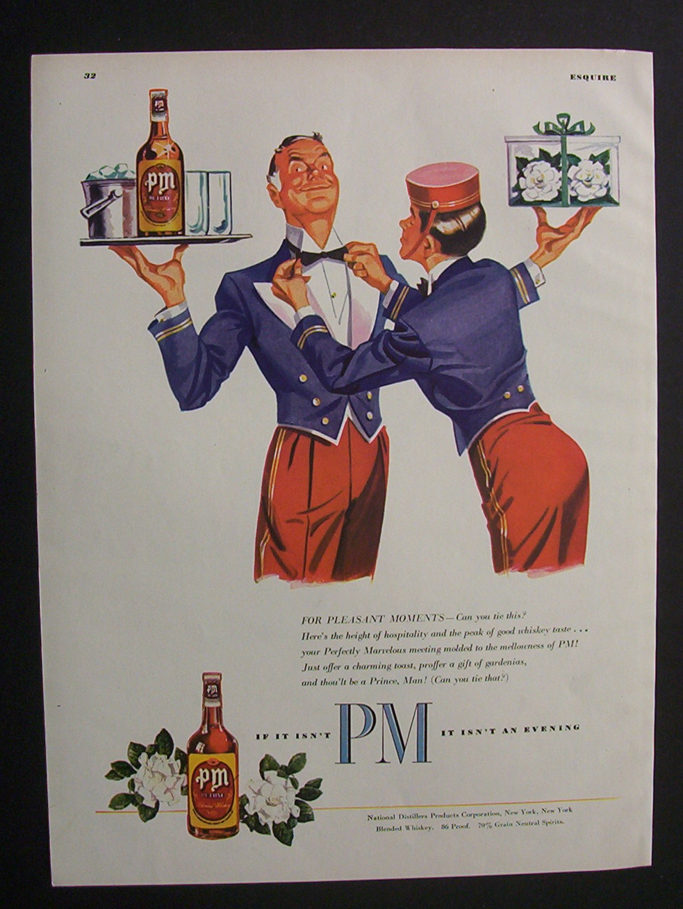 1948 PM Whiskey with Waiter Fixing Another Waiter's Tie