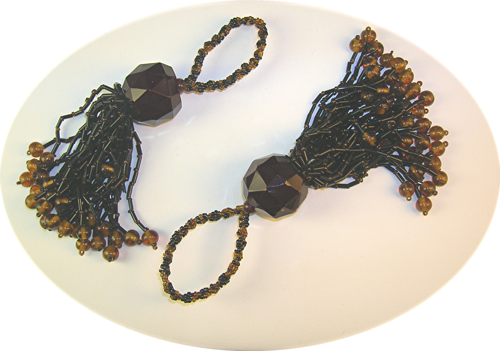 Pair Of Glass Black & Amber Bead Tassles