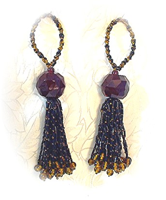 Pair Of Glass Black & Amber Bead Tassles