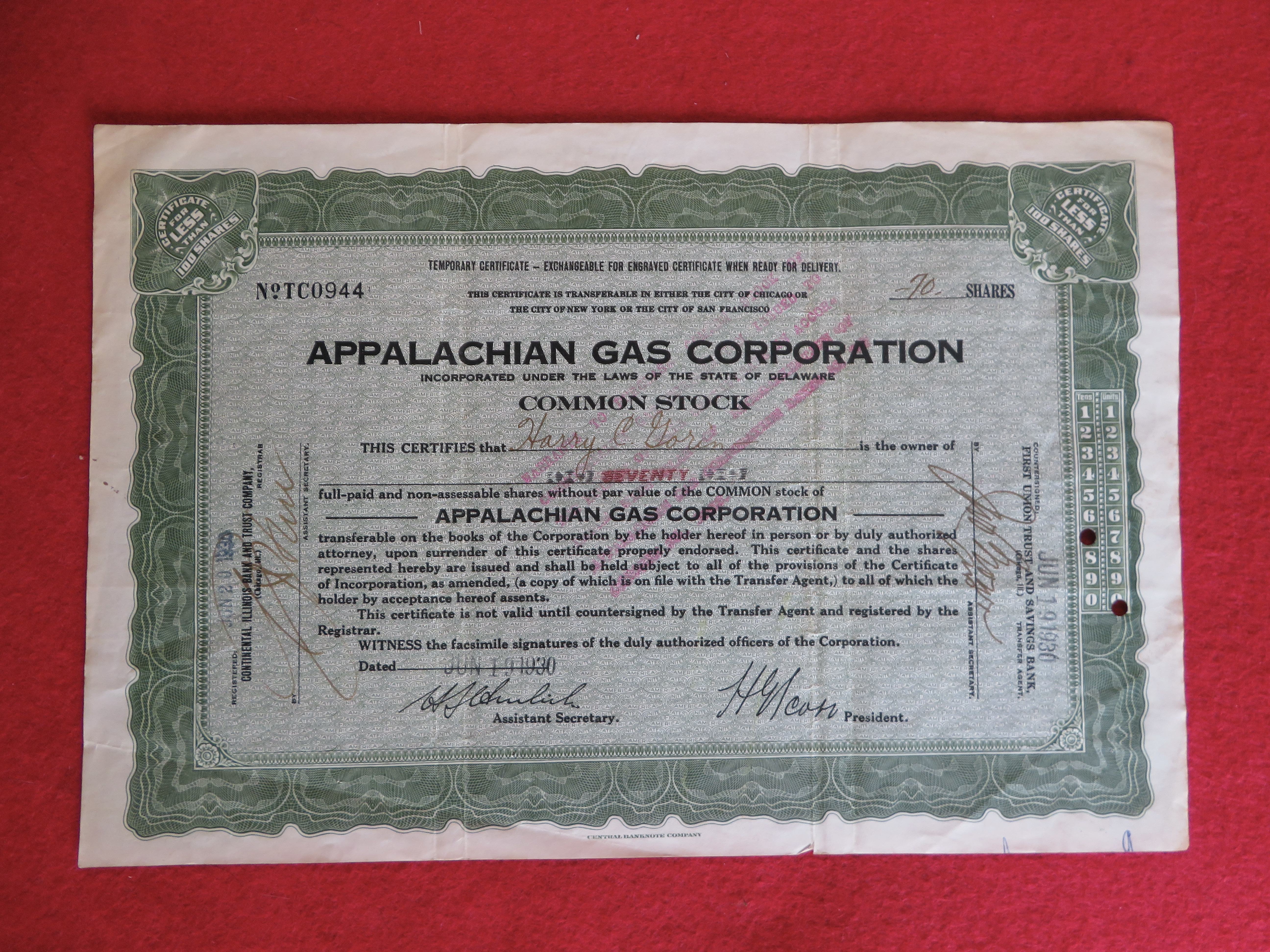 1930 Appalachian Gas Corporation Stock Certificate