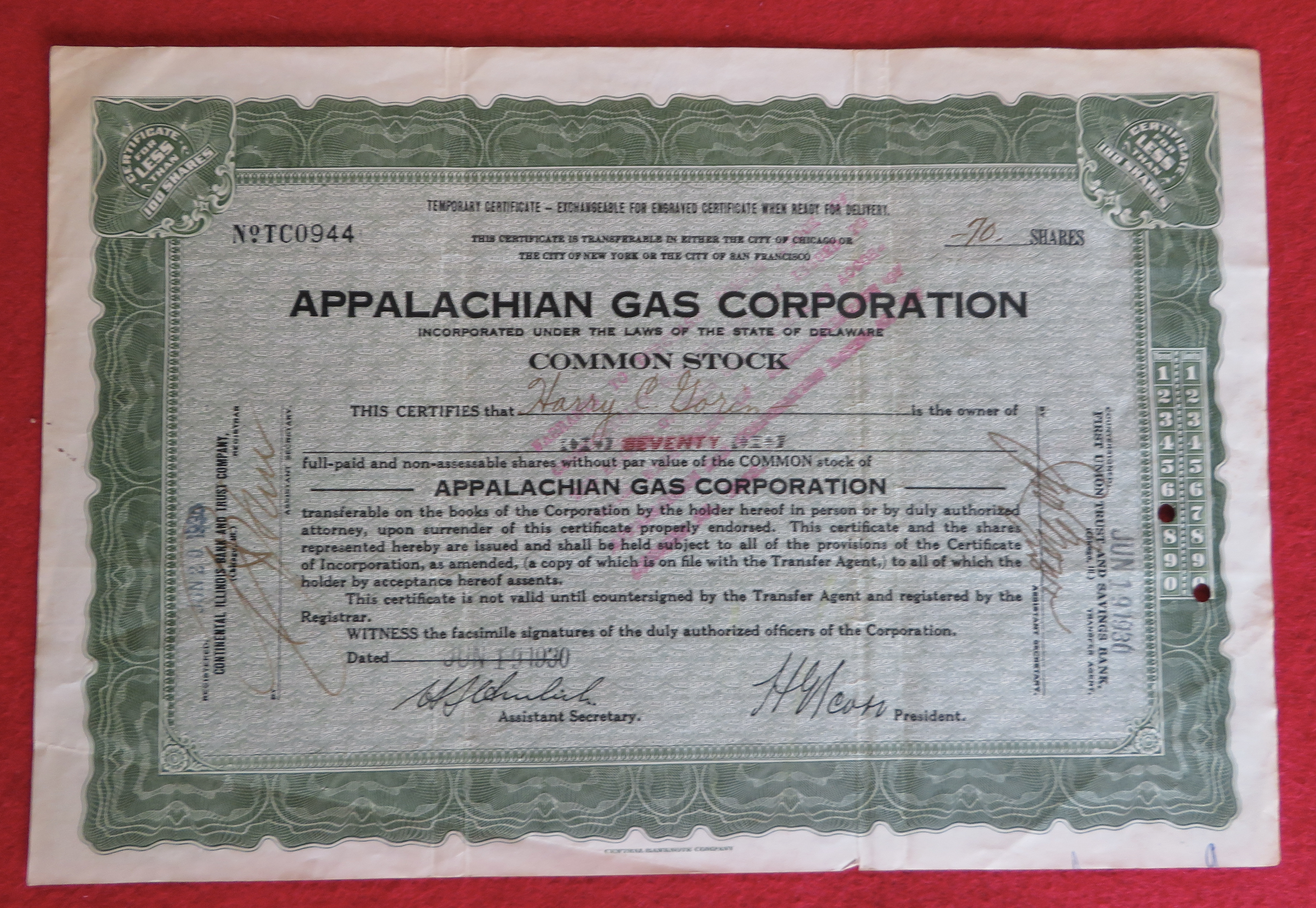 1930 Appalachian Gas Corporation Stock Certificate