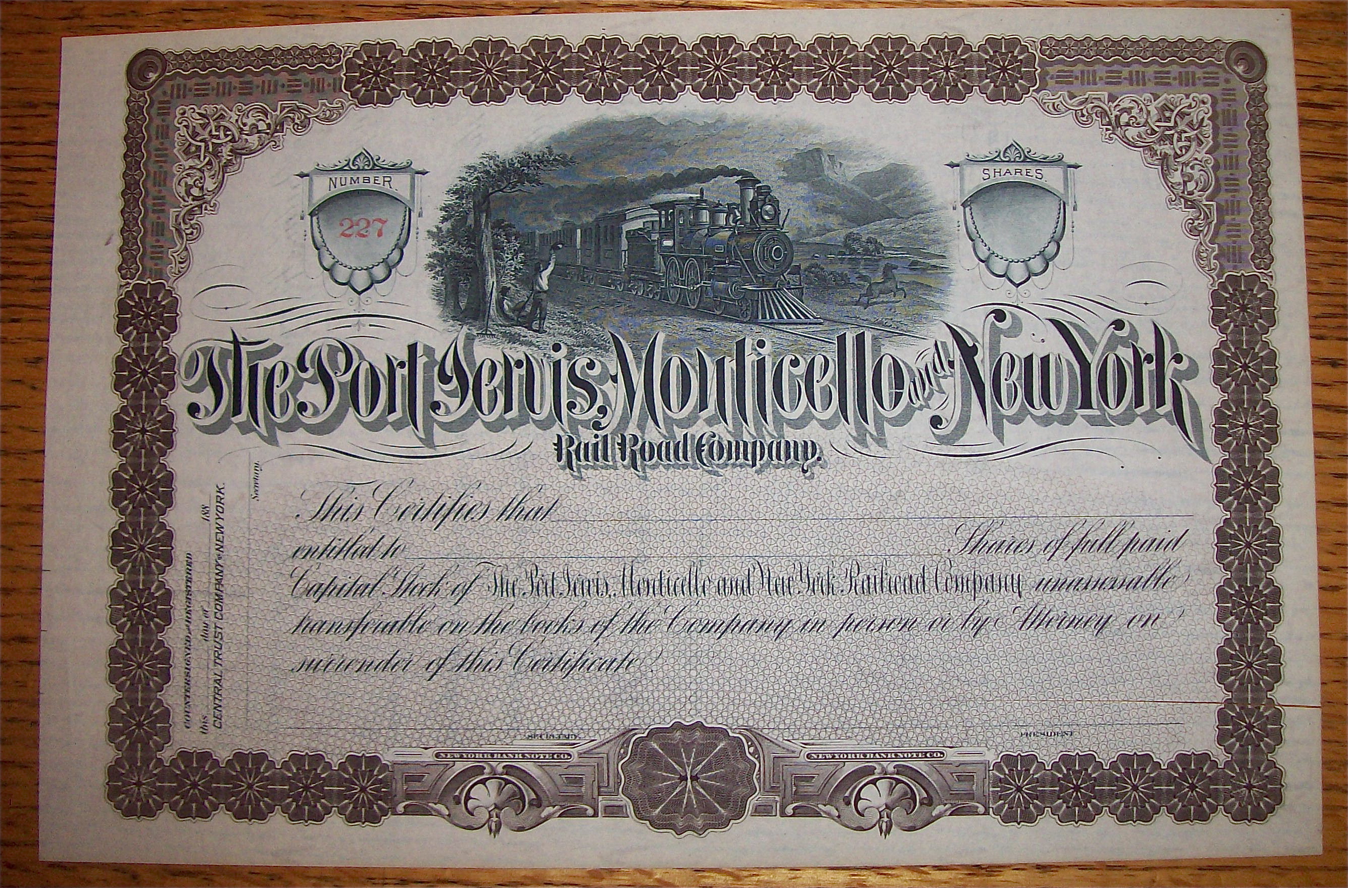 1880 Port, Jervis, Monticello & New York Stock