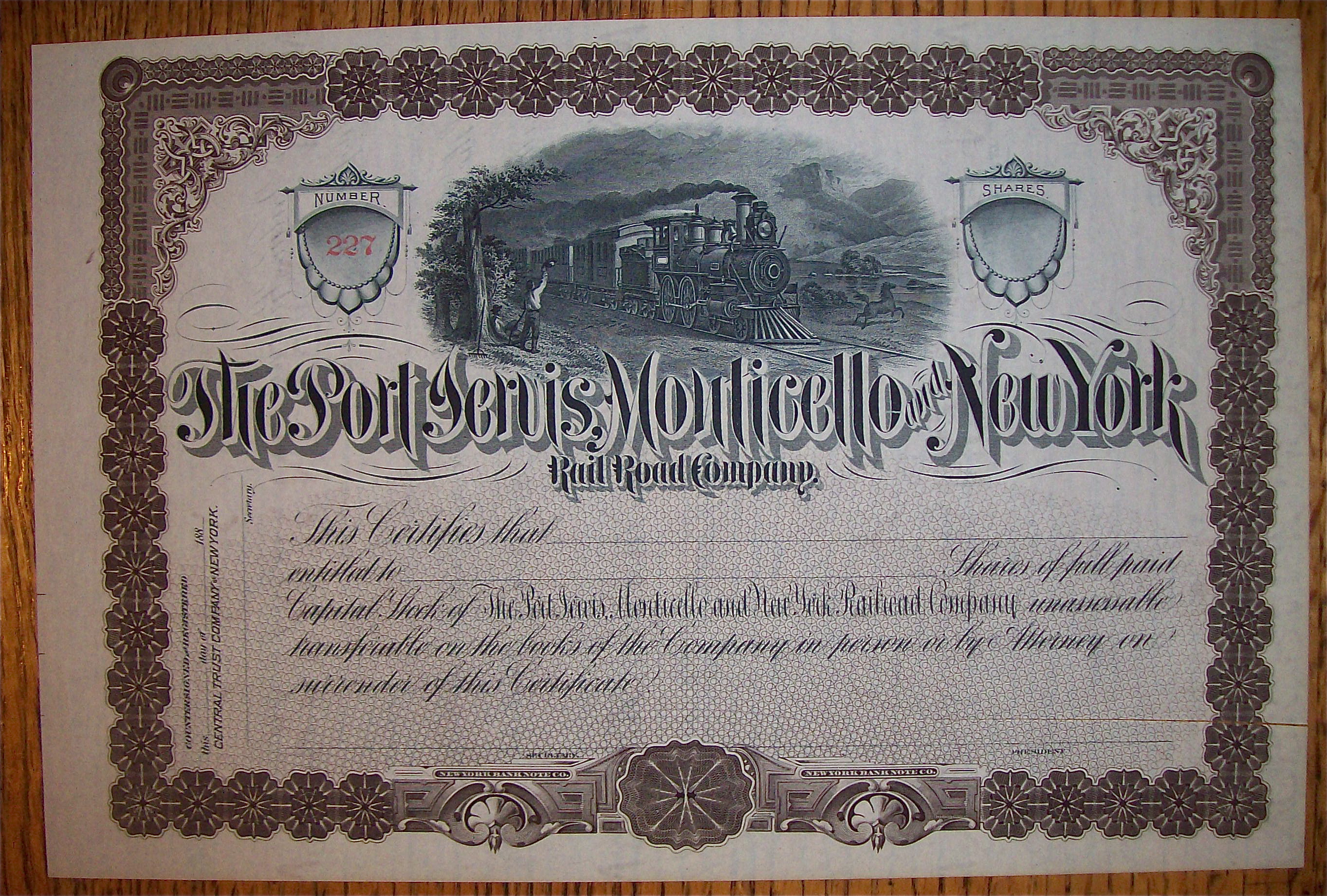 1880 Port, Jervis, Monticello & New York Stock