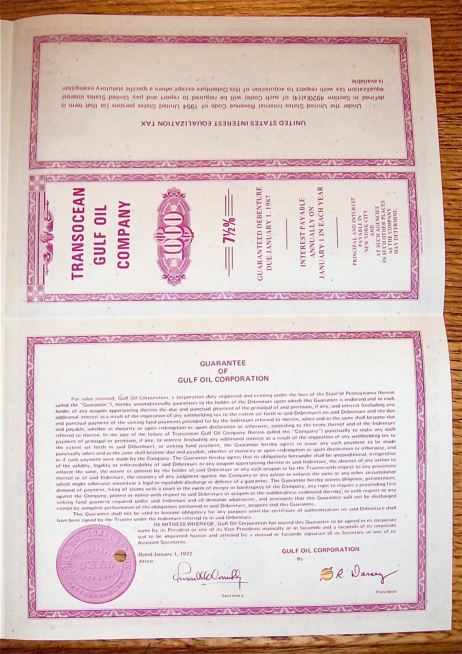 1972 Transocean Gulf Oil Company $1000 Debenture Note