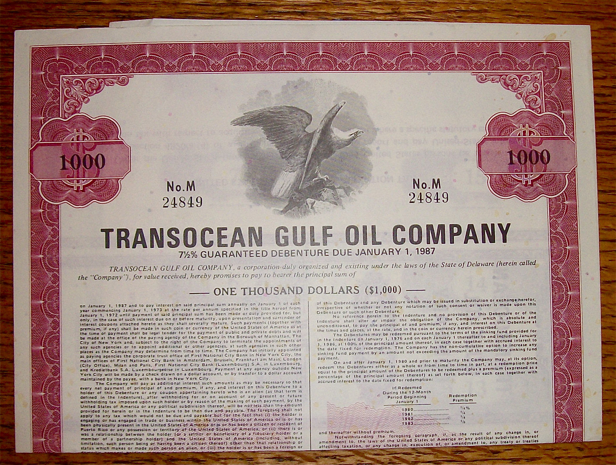 1972 Transocean Gulf Oil Company $1000 Debenture Note
