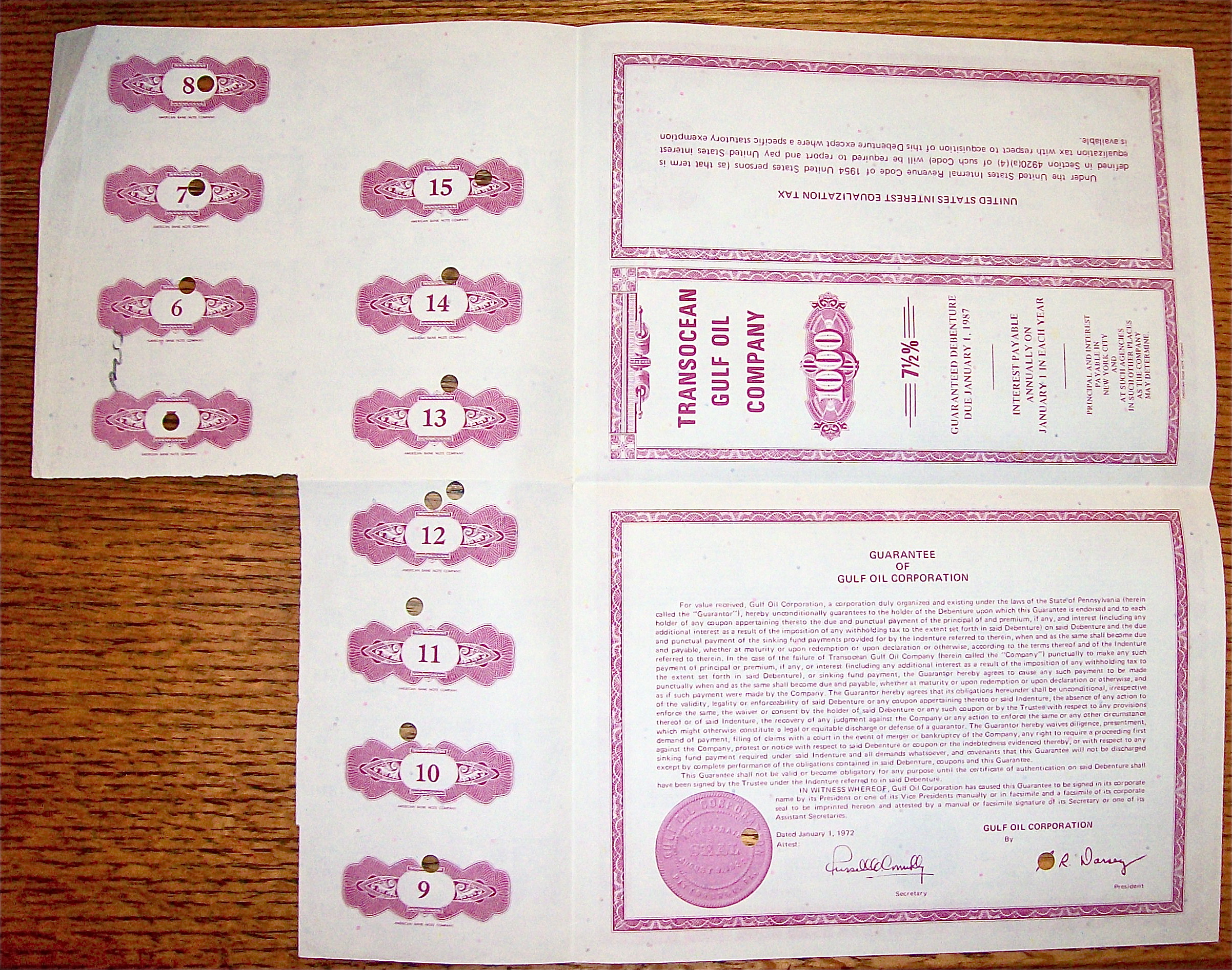 1972 Transocean Gulf Oil Company $1000 Debenture Note