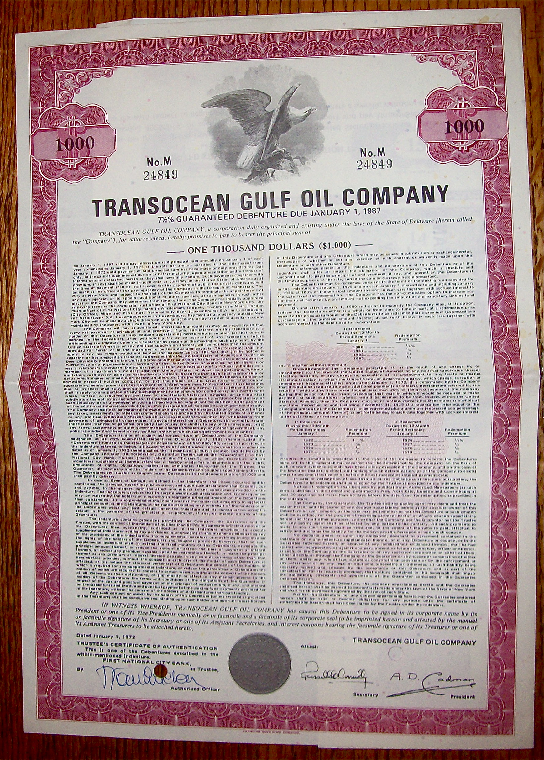 1972 Transocean Gulf Oil Company $1000 Debenture Note