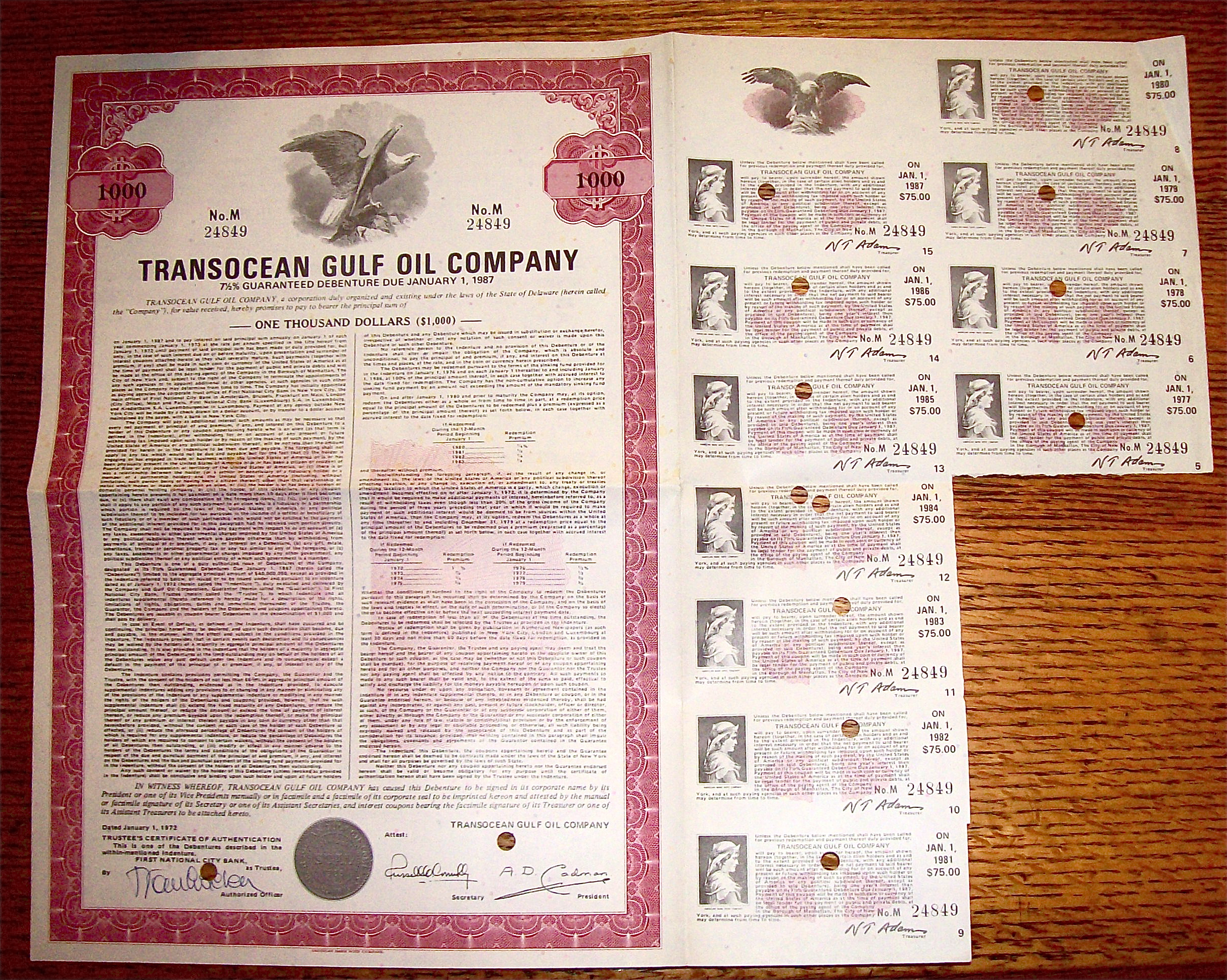 1972 Transocean Gulf Oil Company $1000 Debenture Note