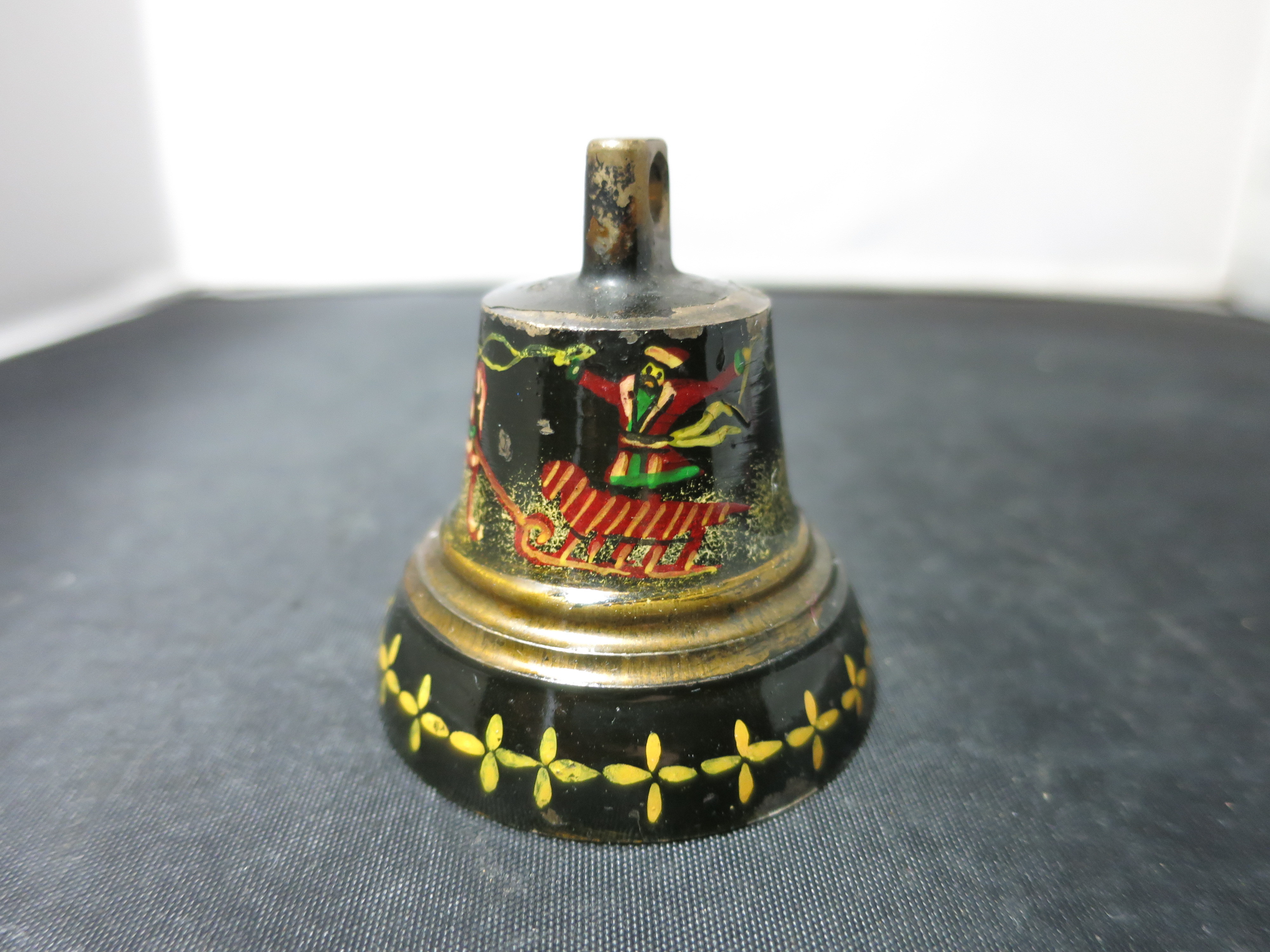 Antique small cast brass bell black lacquer painted Santa Sleigh