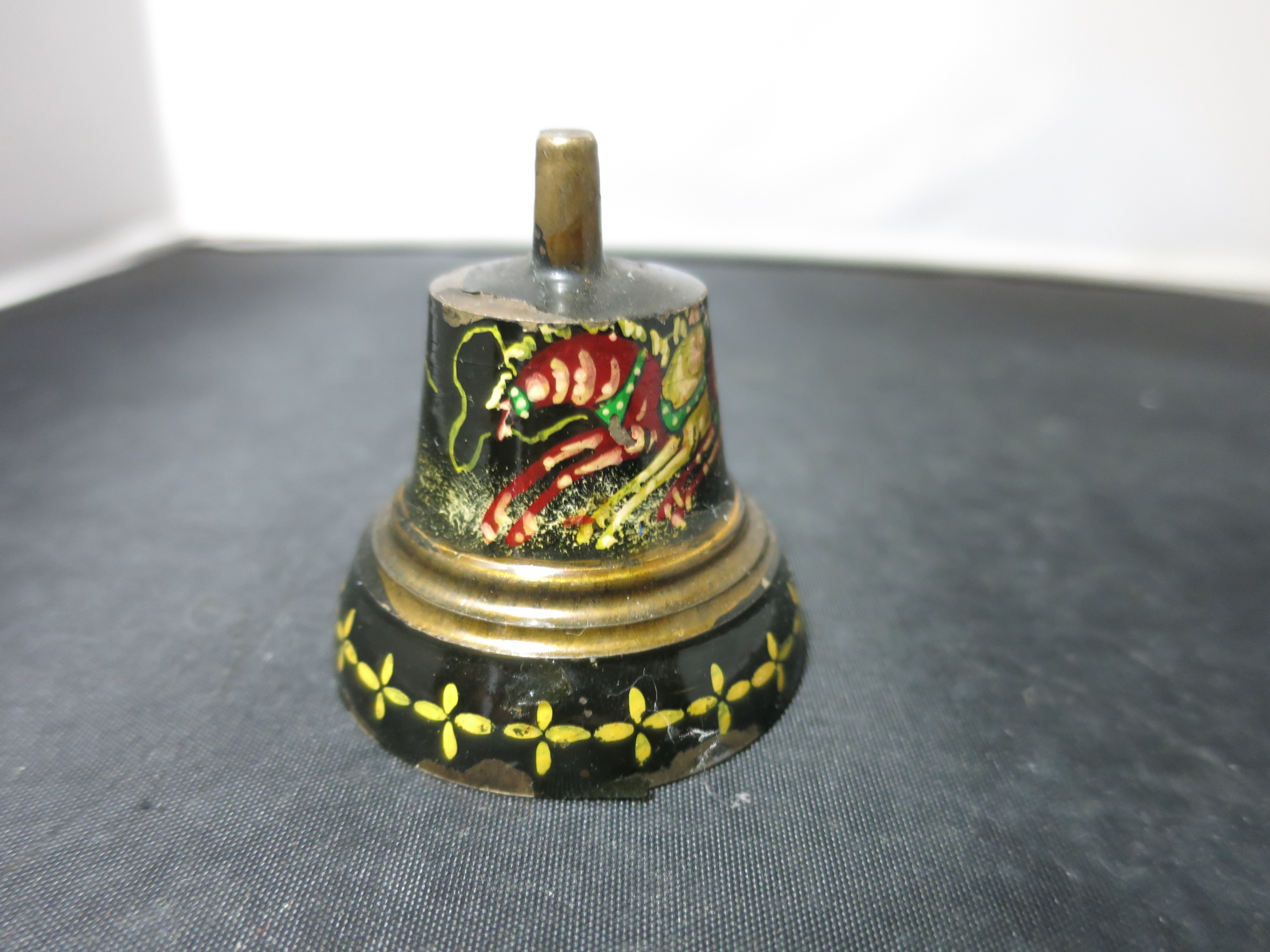 Antique small cast brass bell black lacquer painted Santa Sleigh