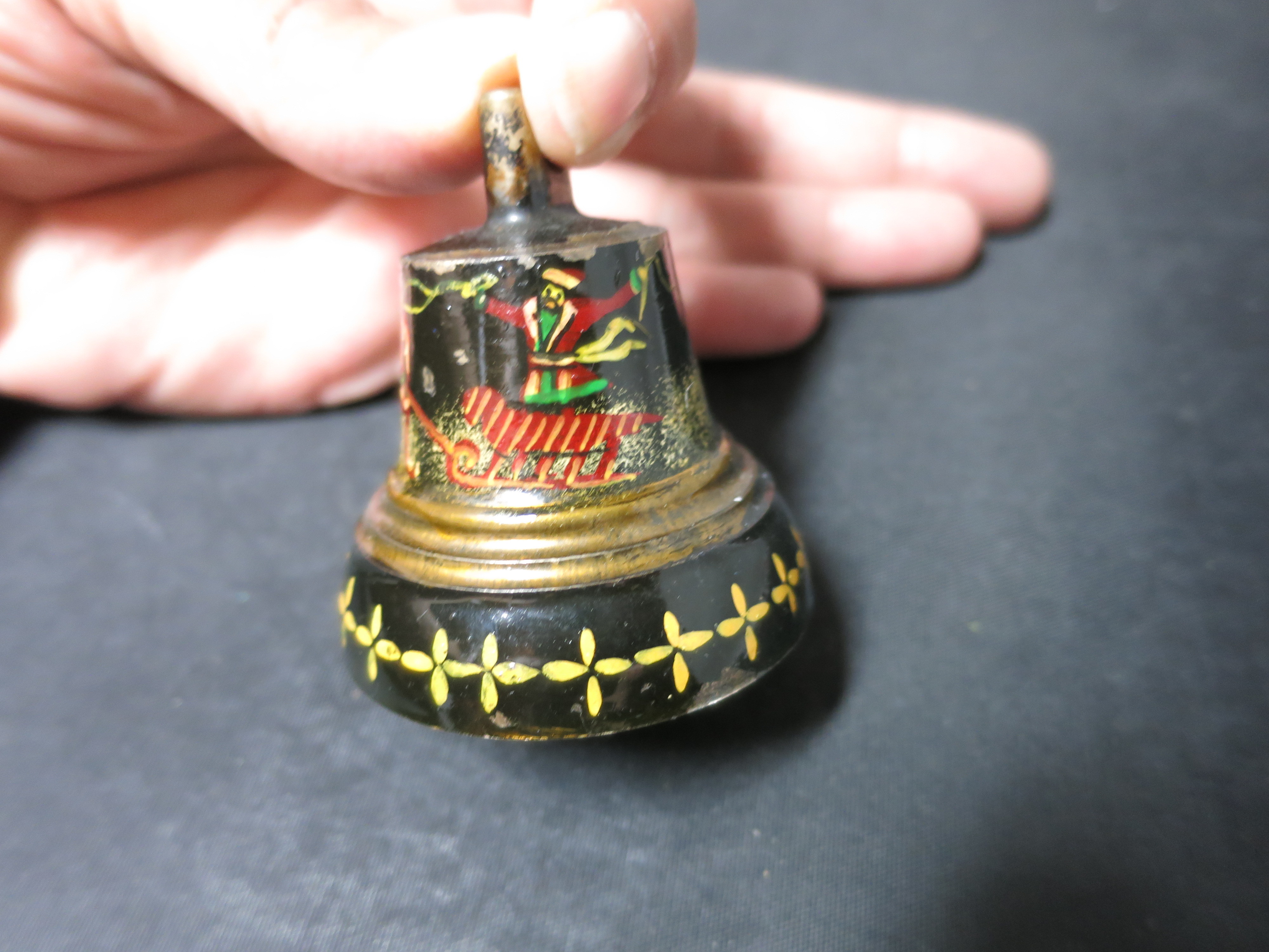 Antique small cast brass bell black lacquer painted Santa Sleigh
