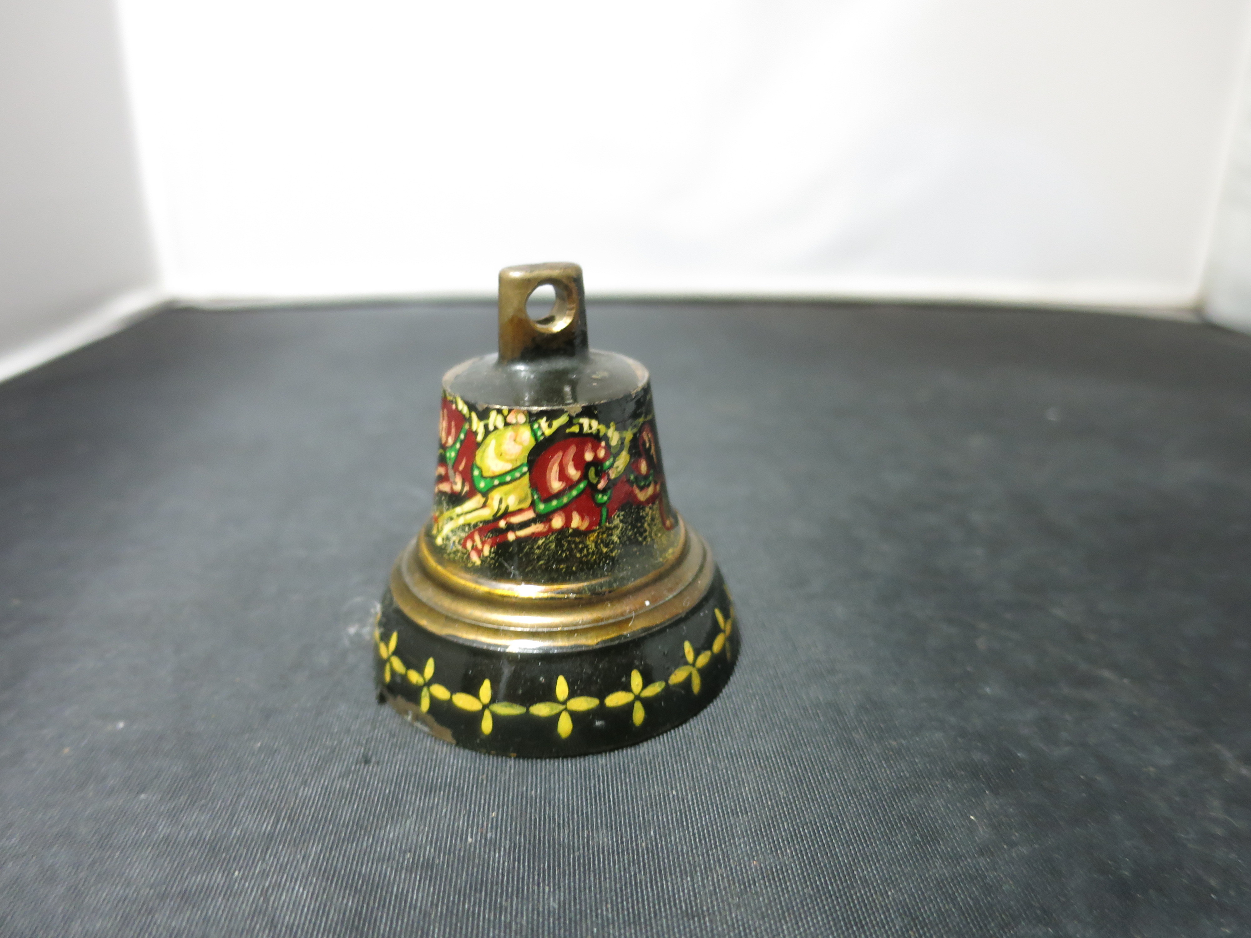 Antique small cast brass bell black lacquer painted Santa Sleigh