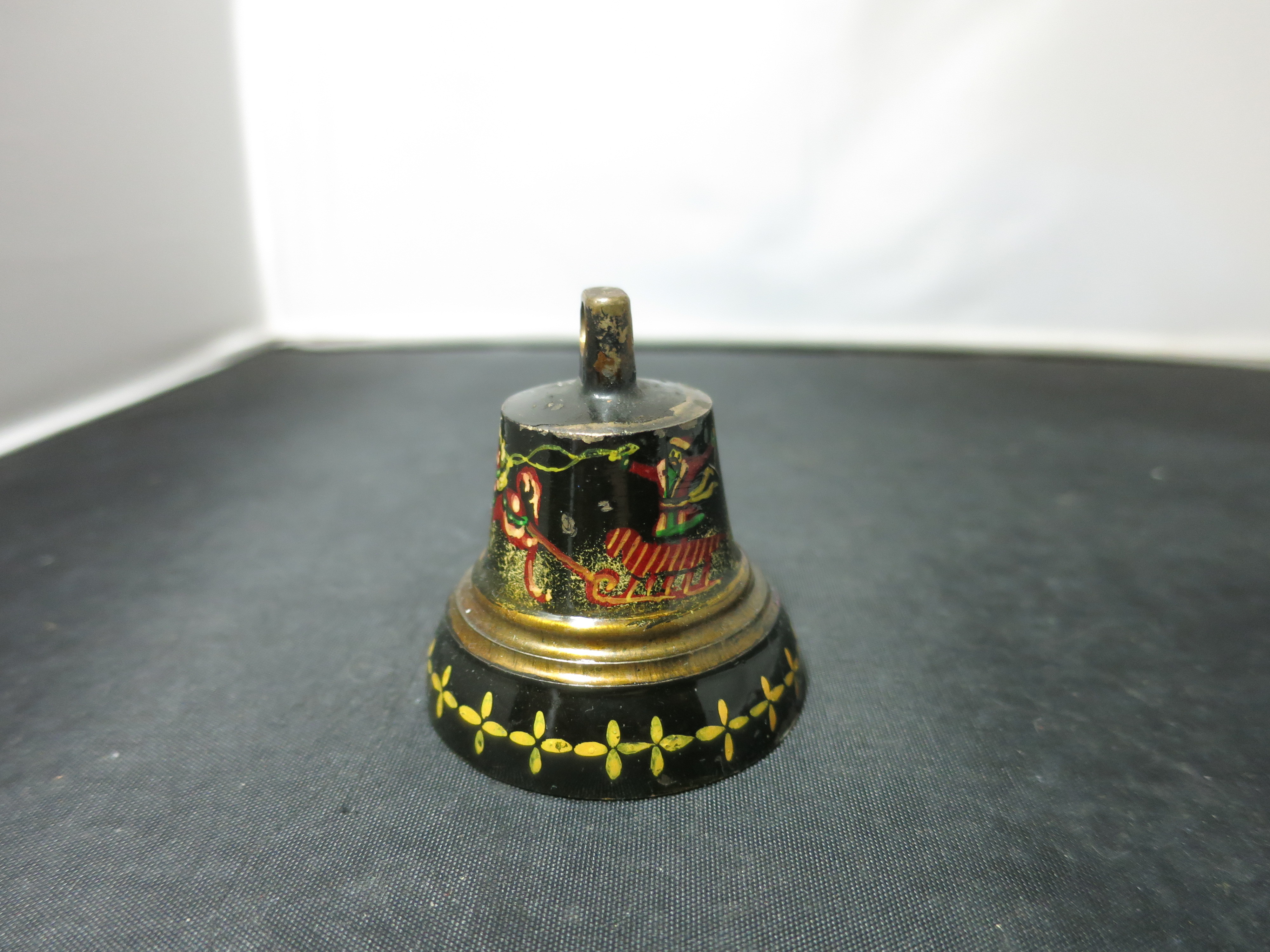 Antique small cast brass bell black lacquer painted Santa Sleigh