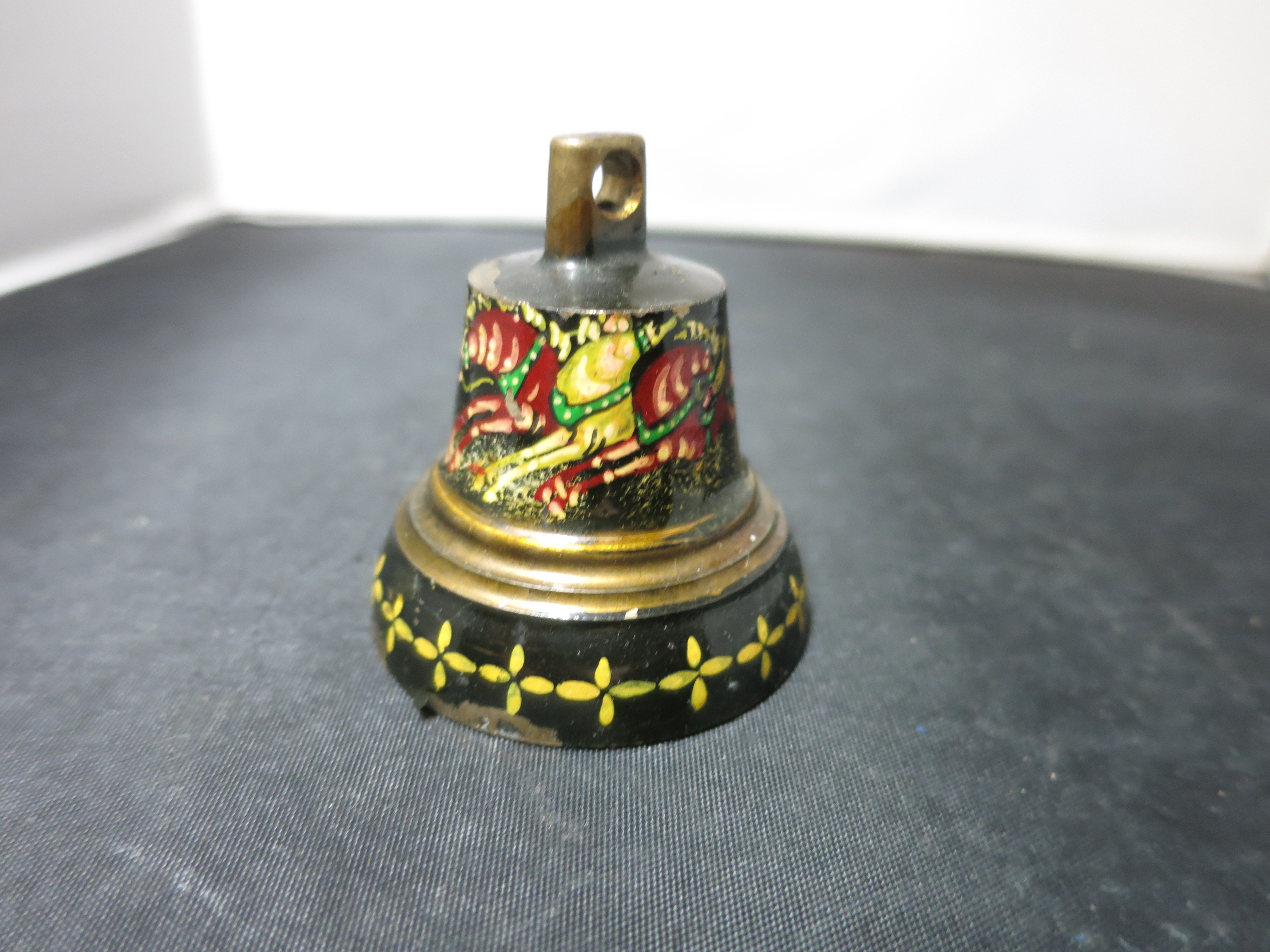 Antique small cast brass bell black lacquer painted Santa Sleigh