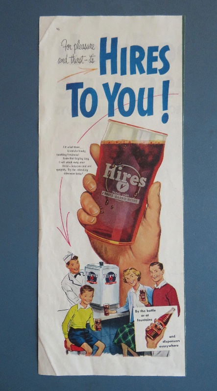 1952 Hires Root Beer with Hand Holding a Glass of Root Beer