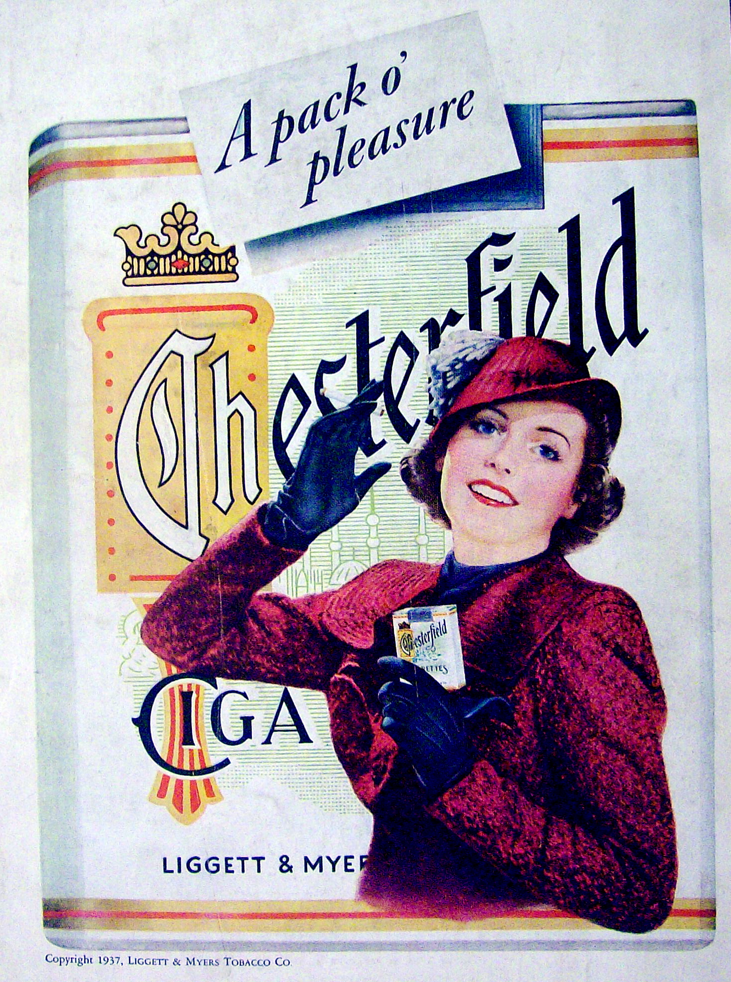 1937 Chesterfield Cigarettes w/Woman Holding Cigarettes