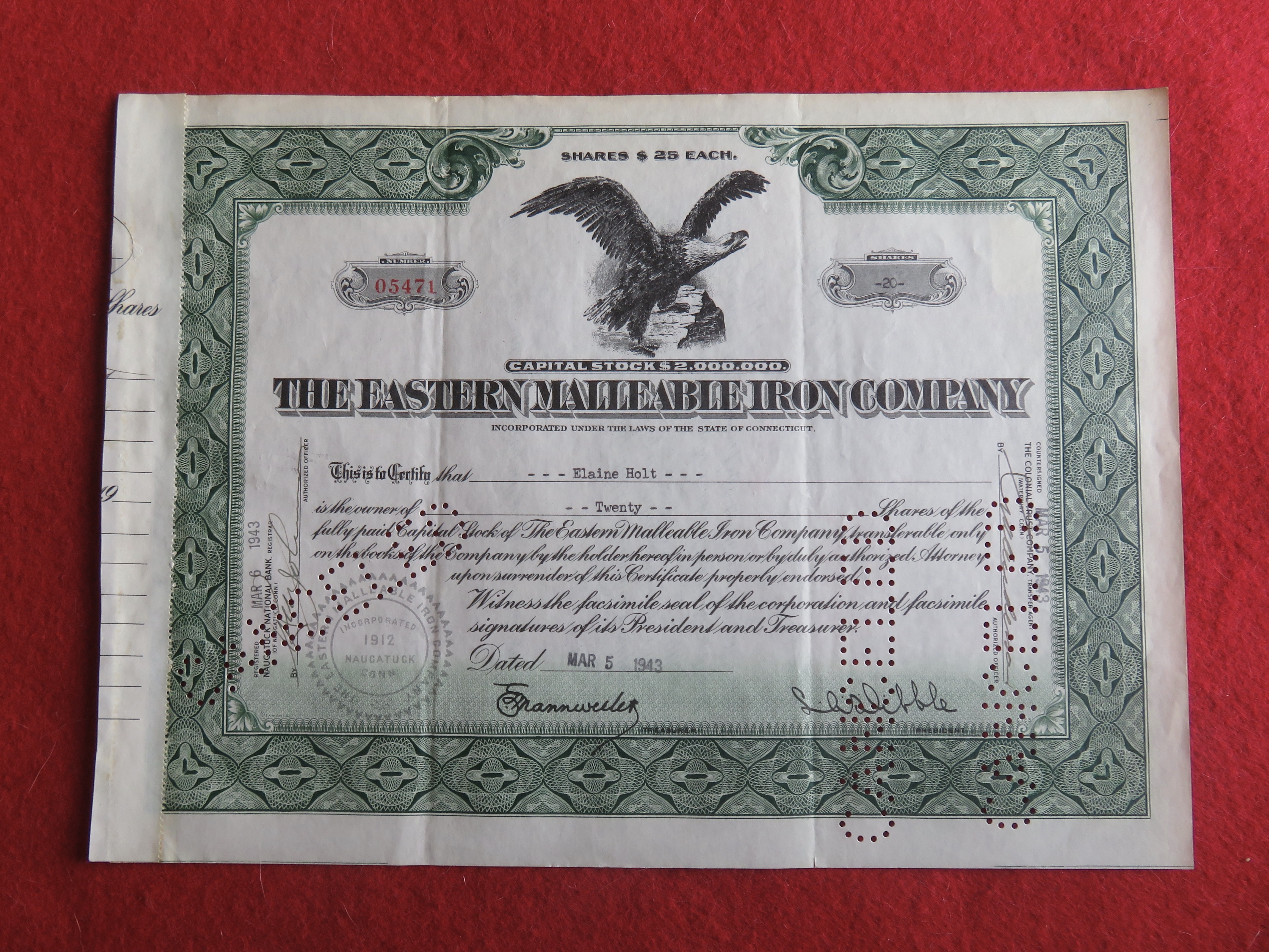 1943 The Eastern Malleable Iron Co Stock Certificate