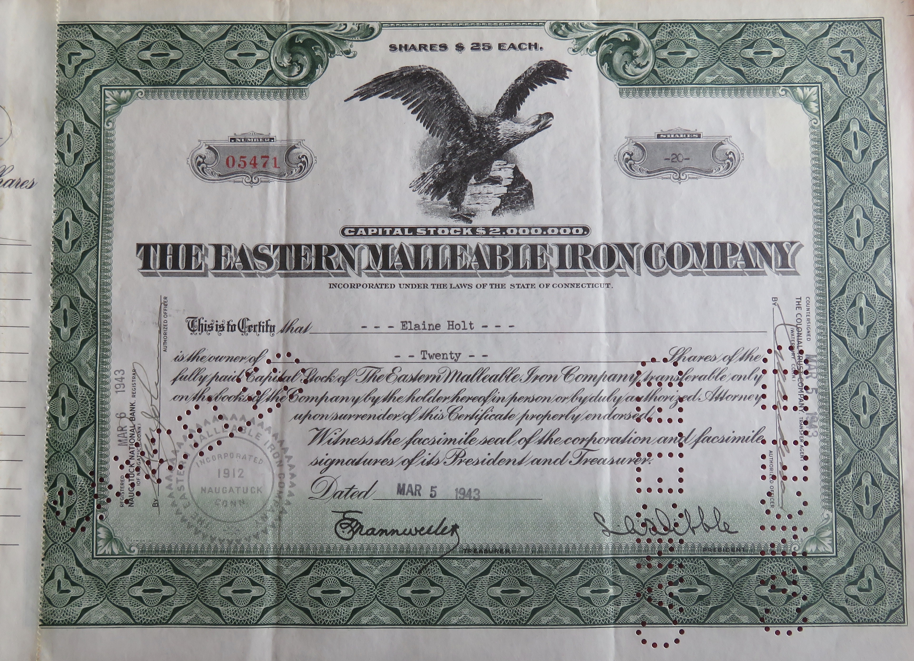 1943 The Eastern Malleable Iron Co Stock Certificate