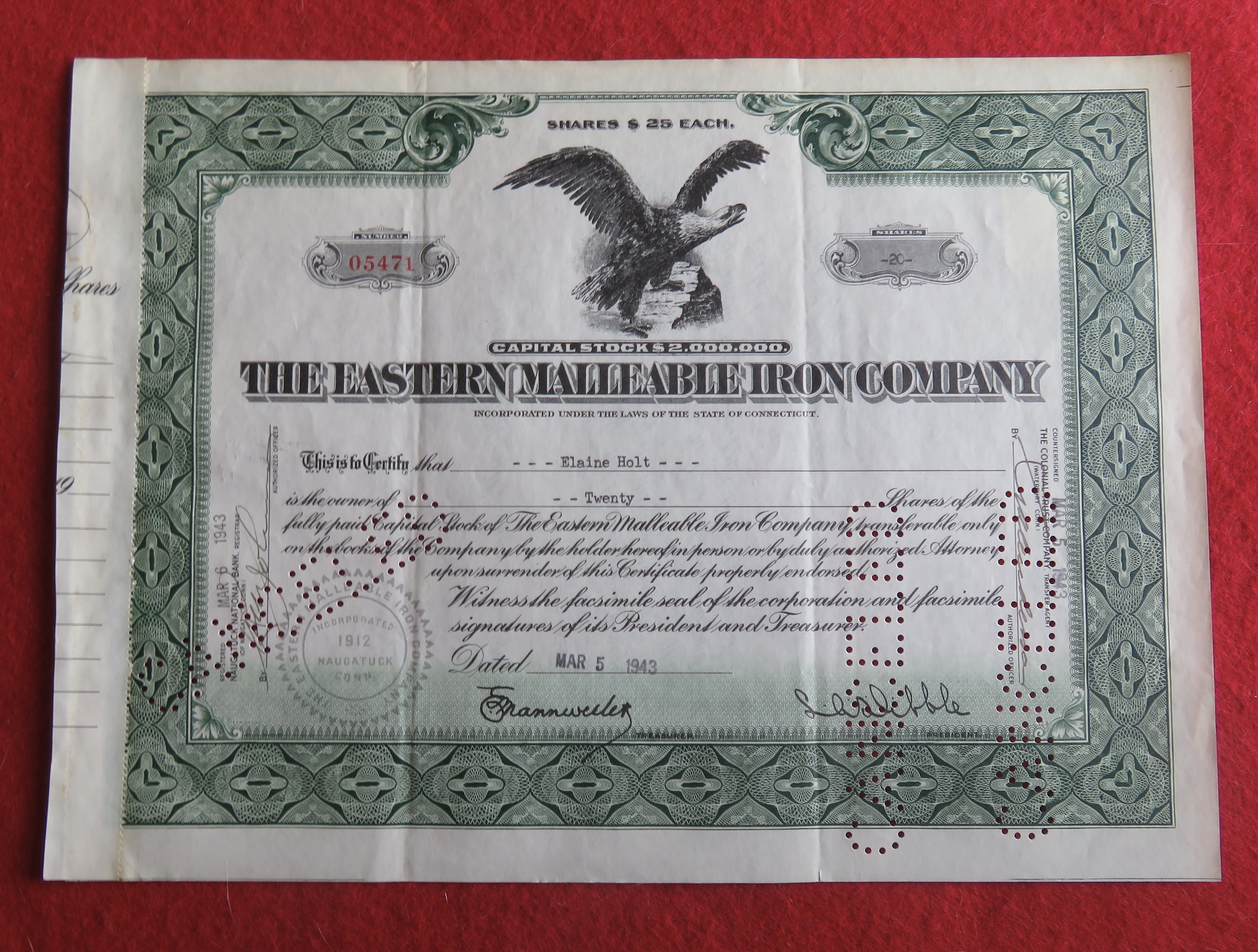 1943 The Eastern Malleable Iron Co Stock Certificate