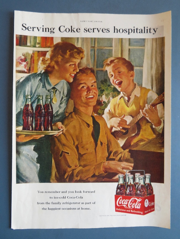 1951 Coca Cola (Coke) with Soldier Playing Piano while a boy plays guitar & woman holds a tray with bottles of Coke