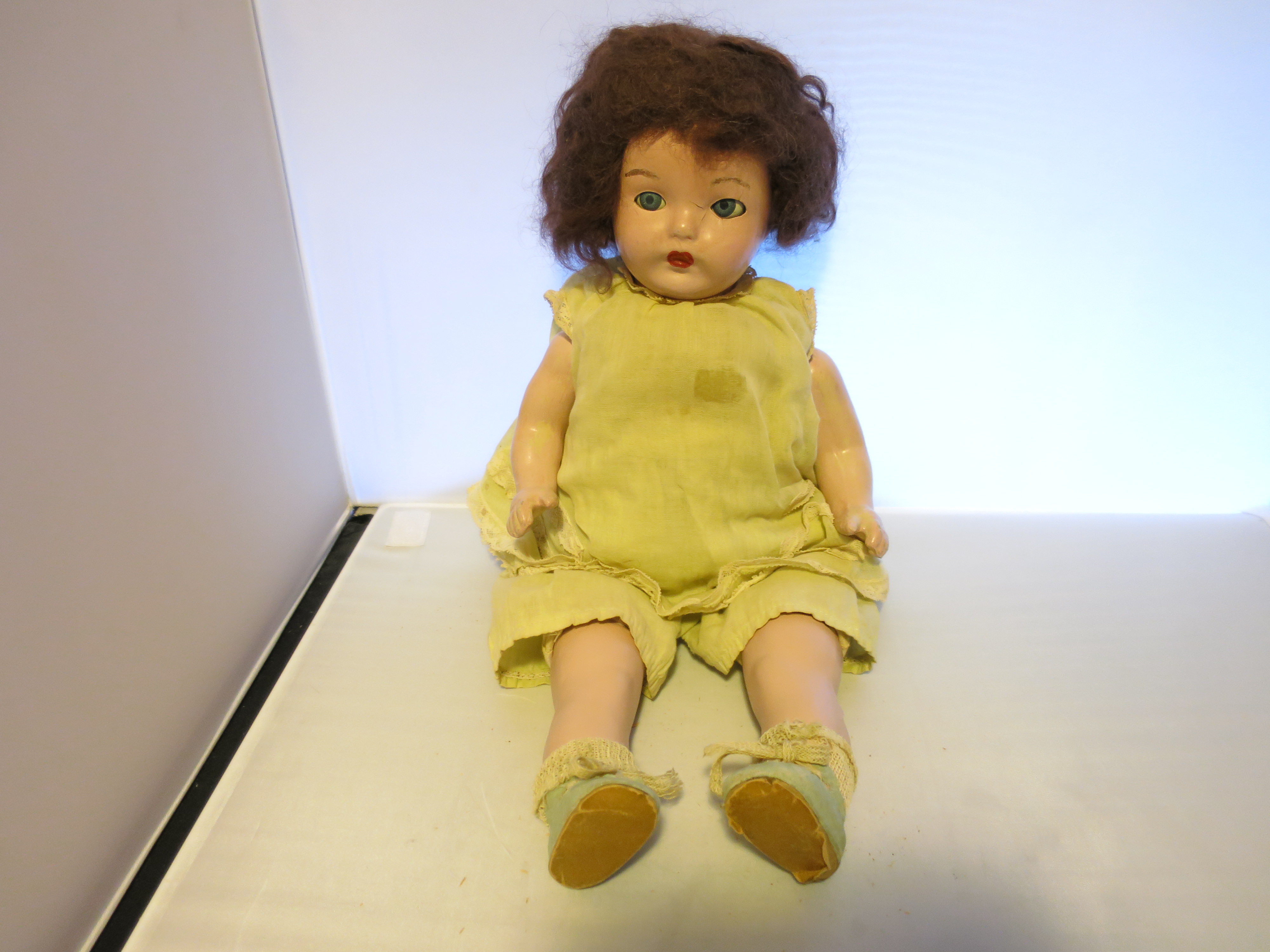 Composition Flirty Eyed Doll Brown Mohair wig oil cloth shoes