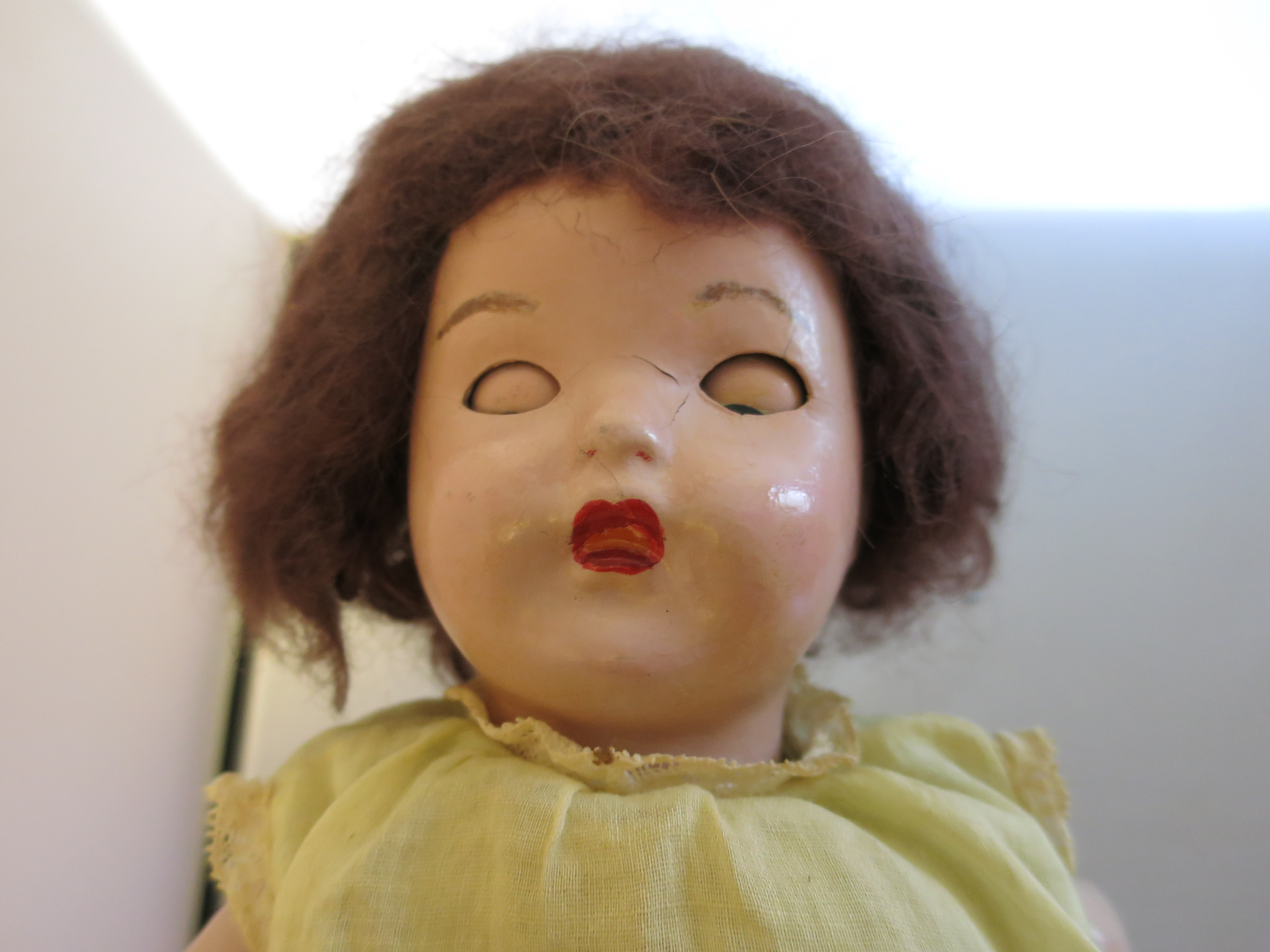 Composition Flirty Eyed Doll Brown Mohair wig oil cloth shoes