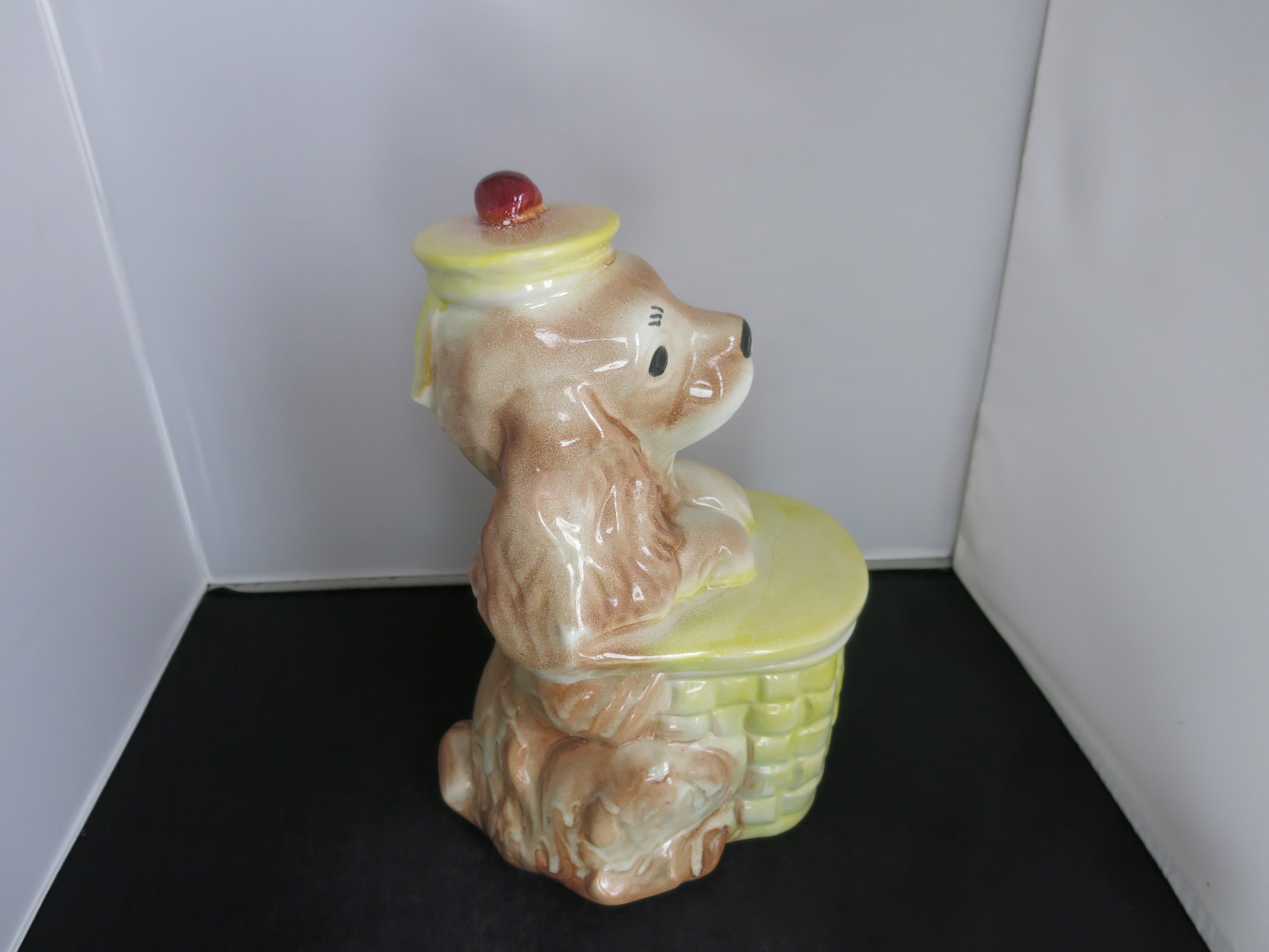 Brush Pottery Spaniel Puppy Dog on Basket Cookie Jar