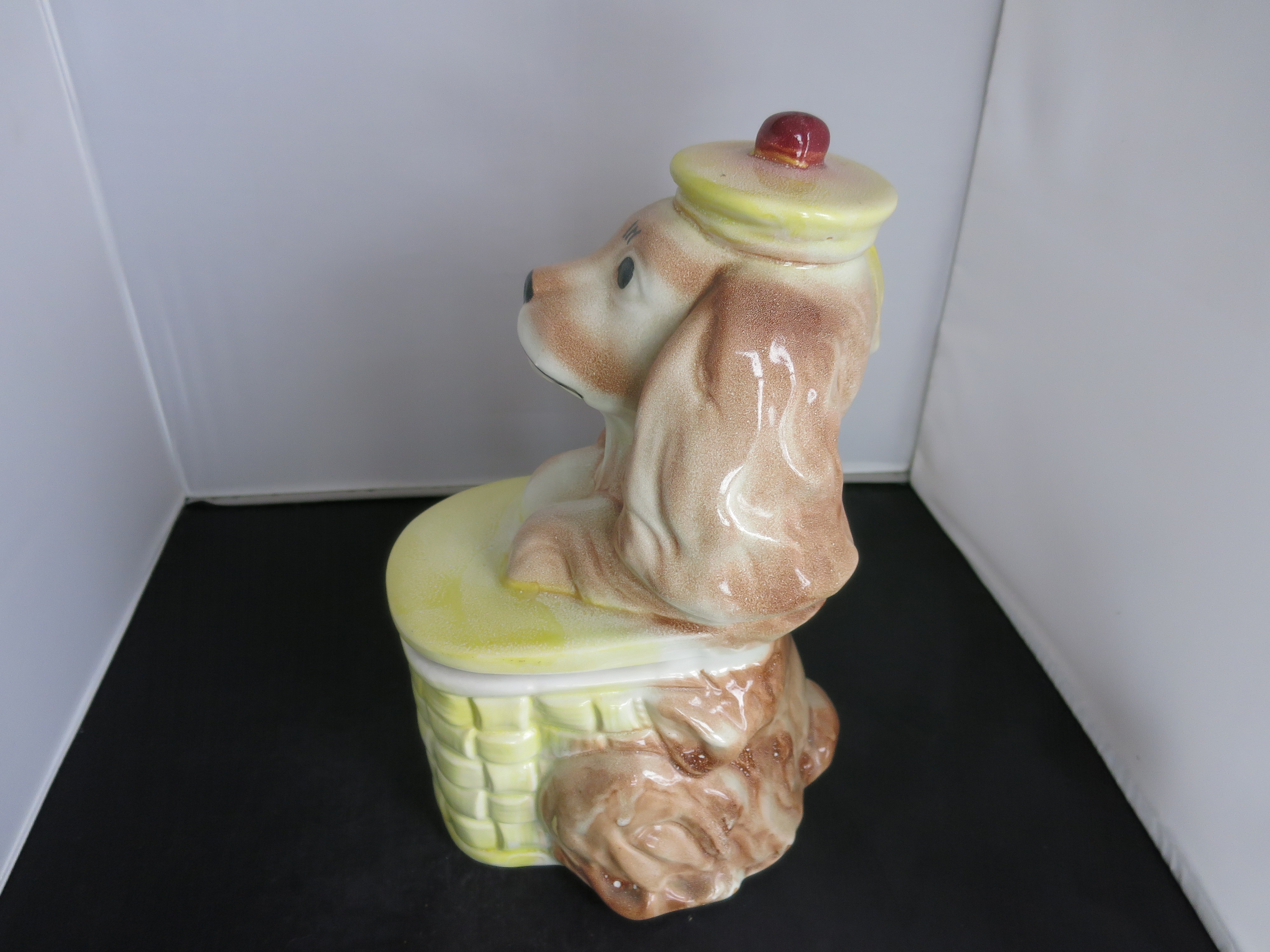 Brush Pottery Spaniel Puppy Dog on Basket Cookie Jar