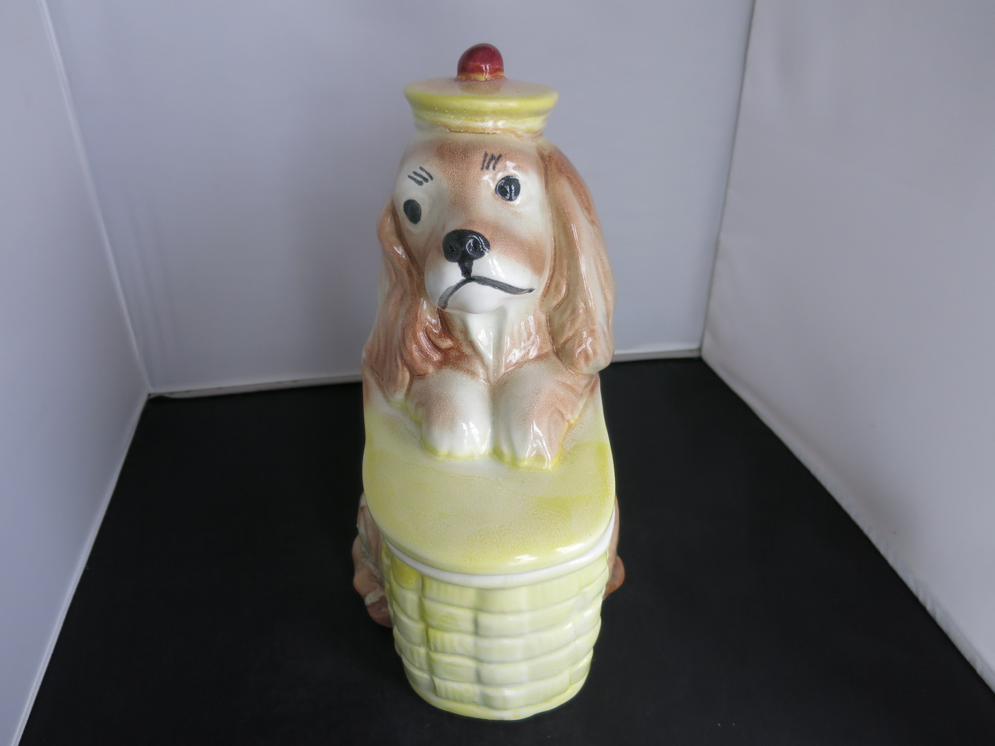 Brush Pottery Spaniel Puppy Dog on Basket Cookie Jar