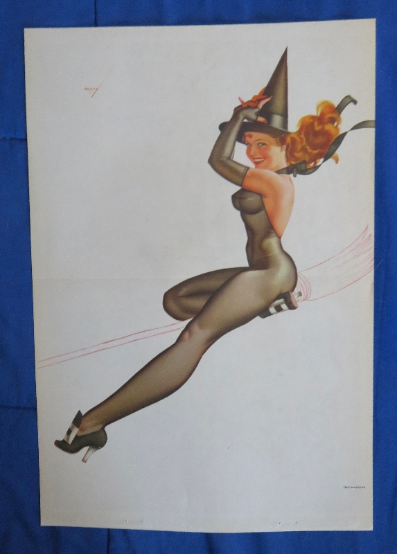 Original 1945 Sexy Halloween Pin Up Girl Wearing A Black Bodysuit Wearing A Witch's Hat While On A Broom By George Petty