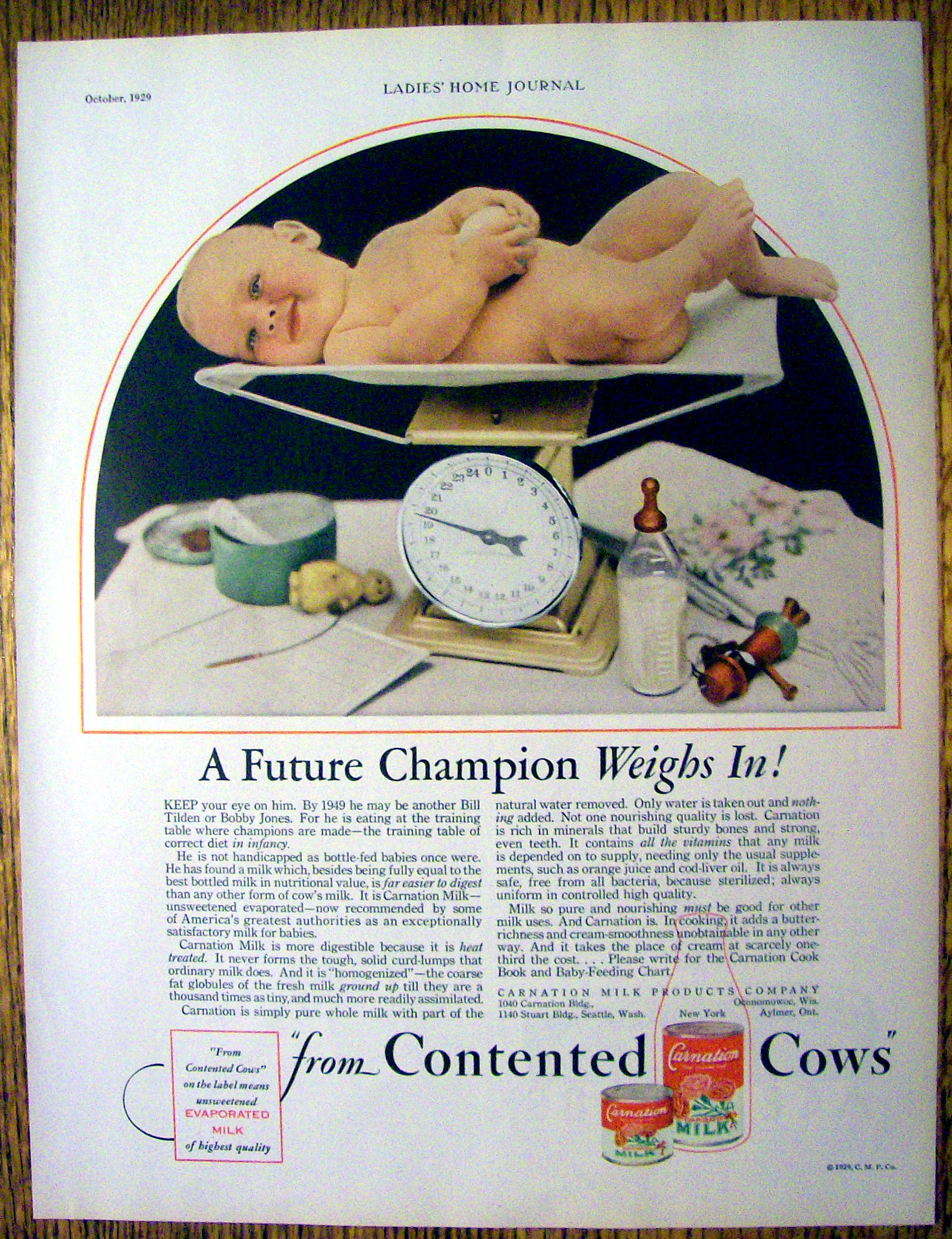 1929 Carnation Milk with Baby Being Weighed On Scale