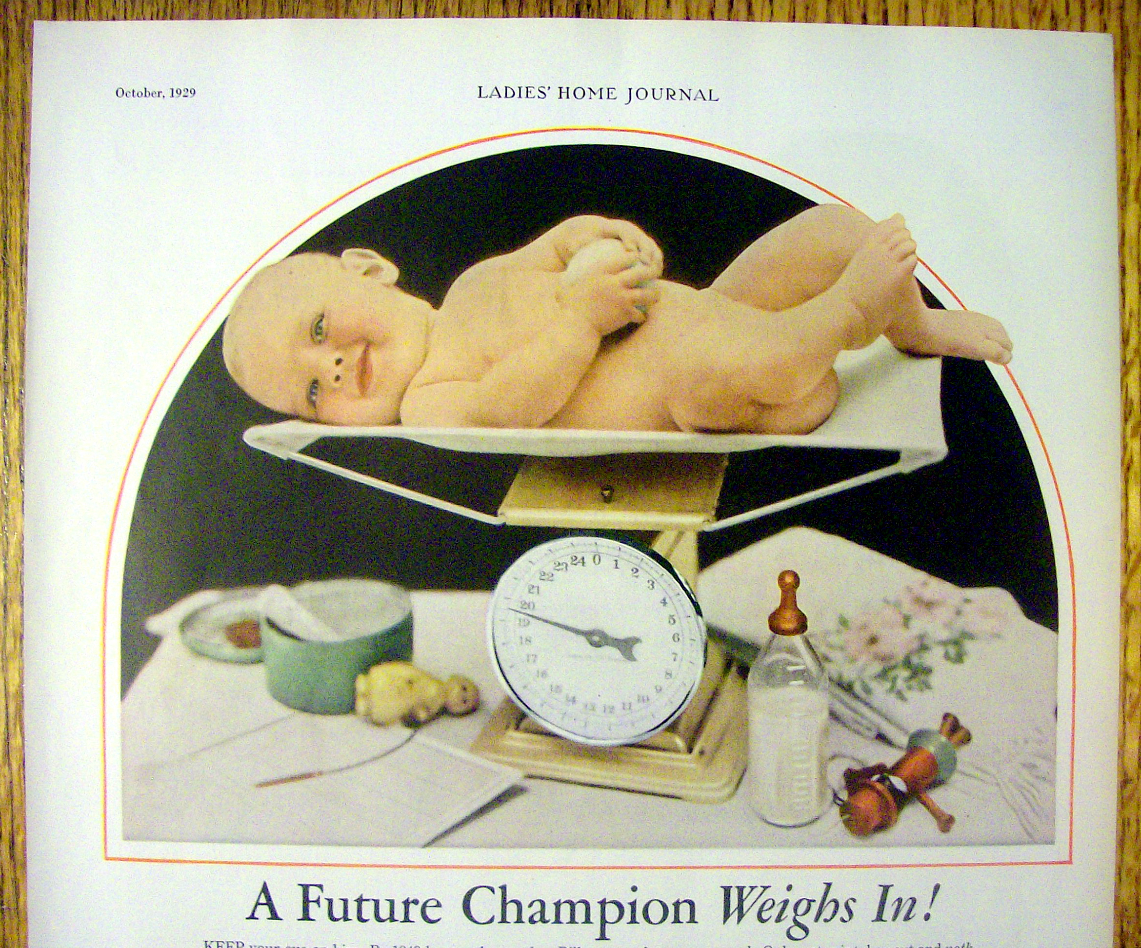 1929 Carnation Milk with Baby Being Weighed On Scale