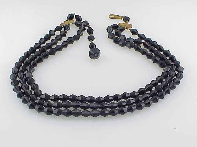 Vintage West Germany 3 Strand Black Glass Bead Necklace