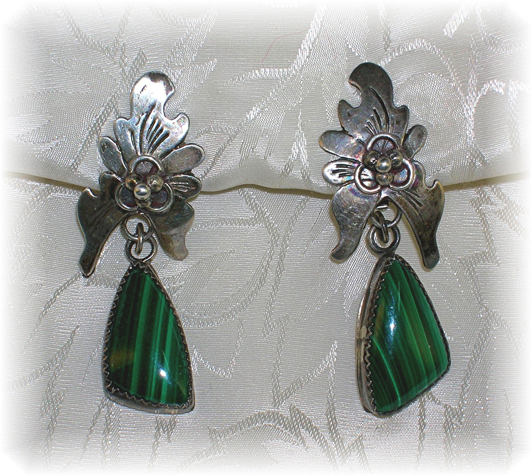 Navajo Sterling Silver Malachite Signed Clip Earrings