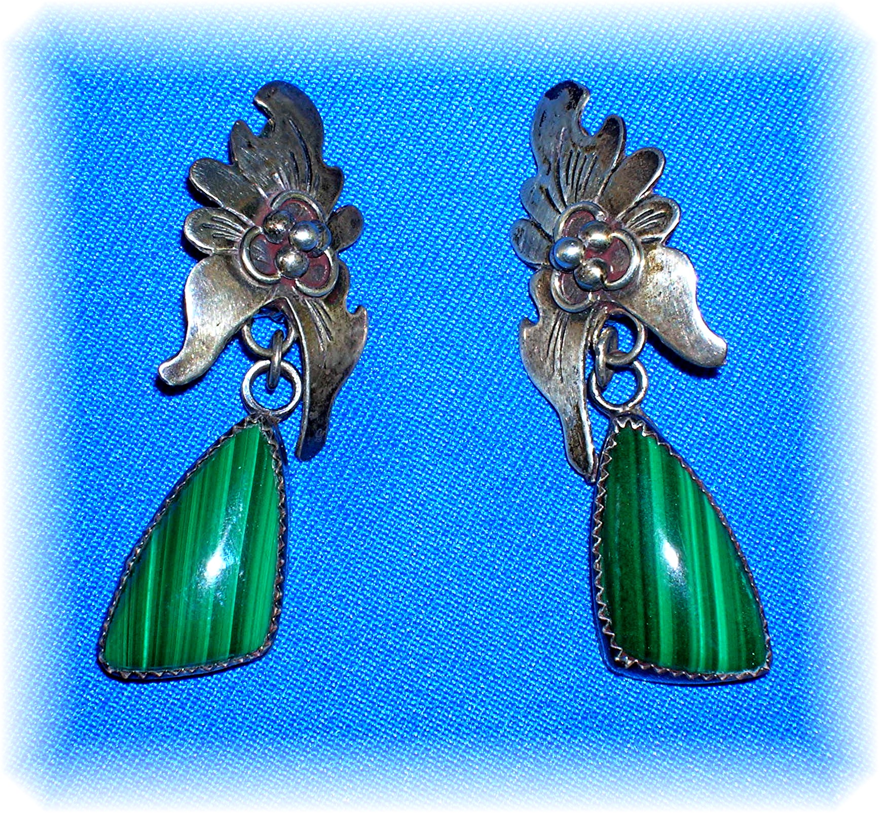 Navajo Sterling Silver Malachite Signed Clip Earrings