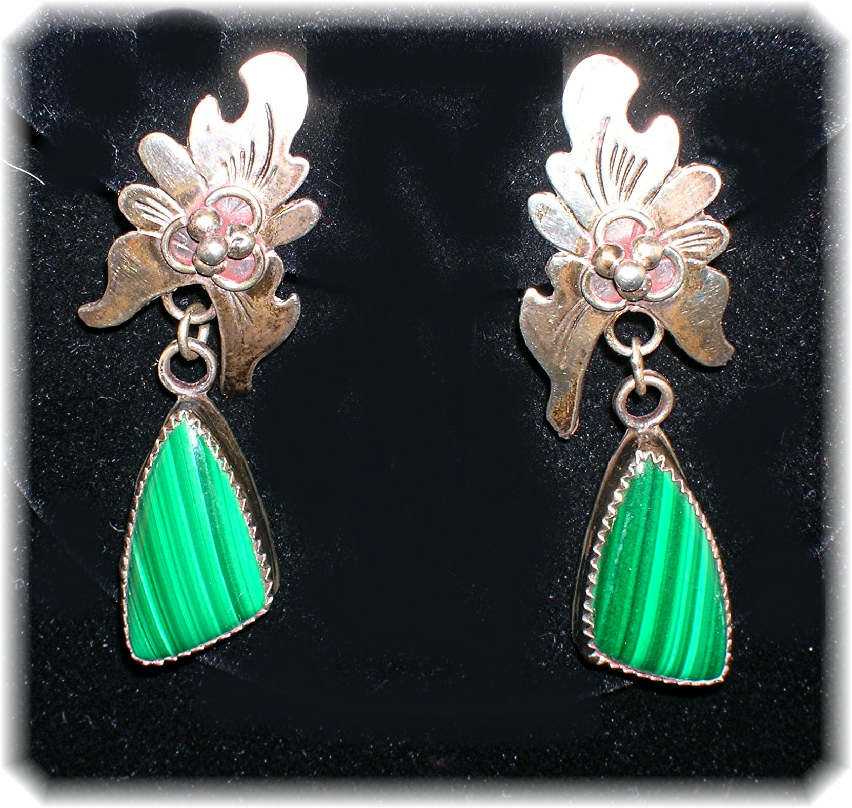 Navajo Sterling Silver Malachite Signed Clip Earrings