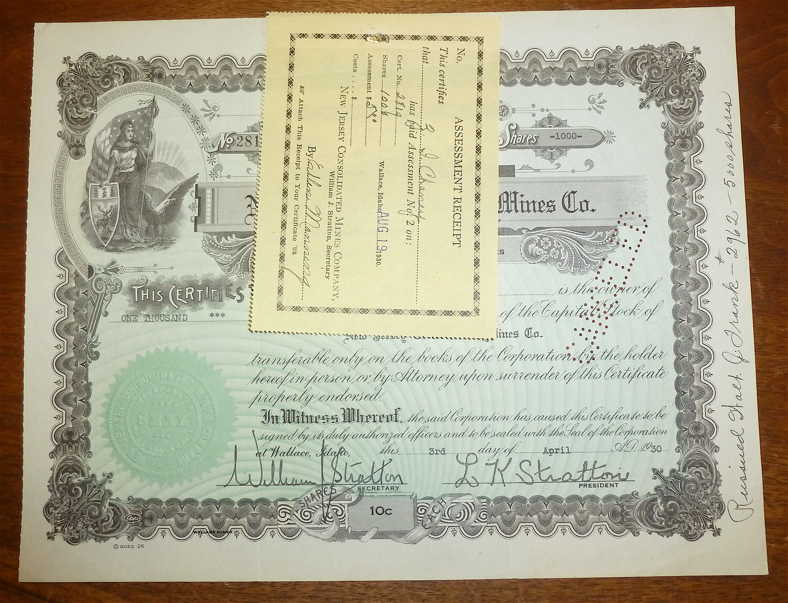1930 New Jersey Consolidated Mines Co Stock Certificate