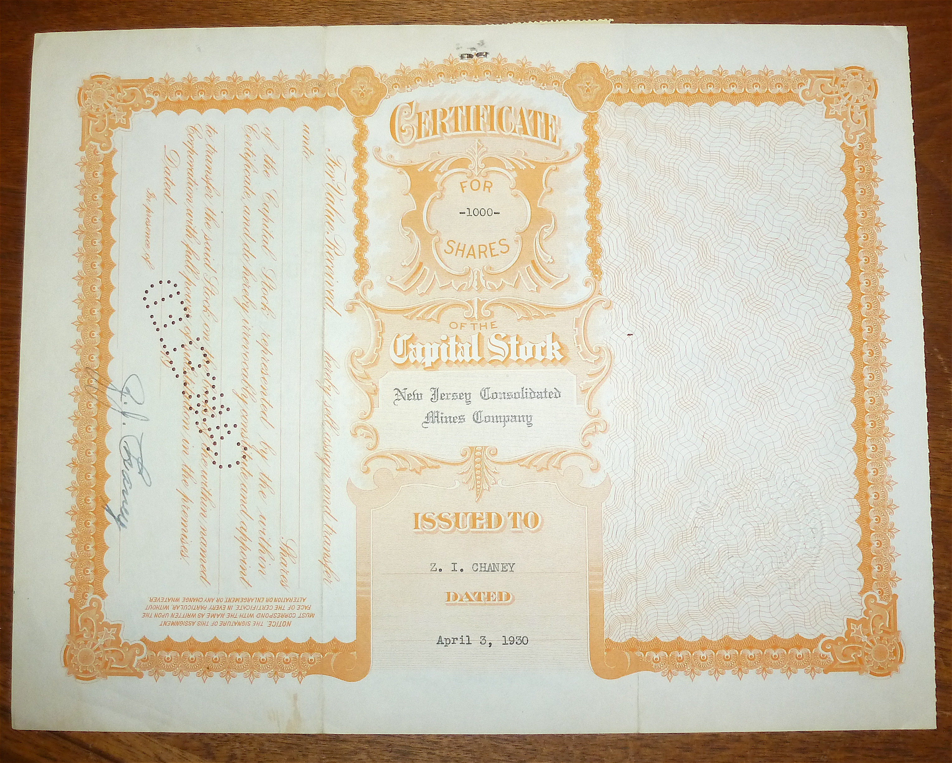 1930 New Jersey Consolidated Mines Co Stock Certificate