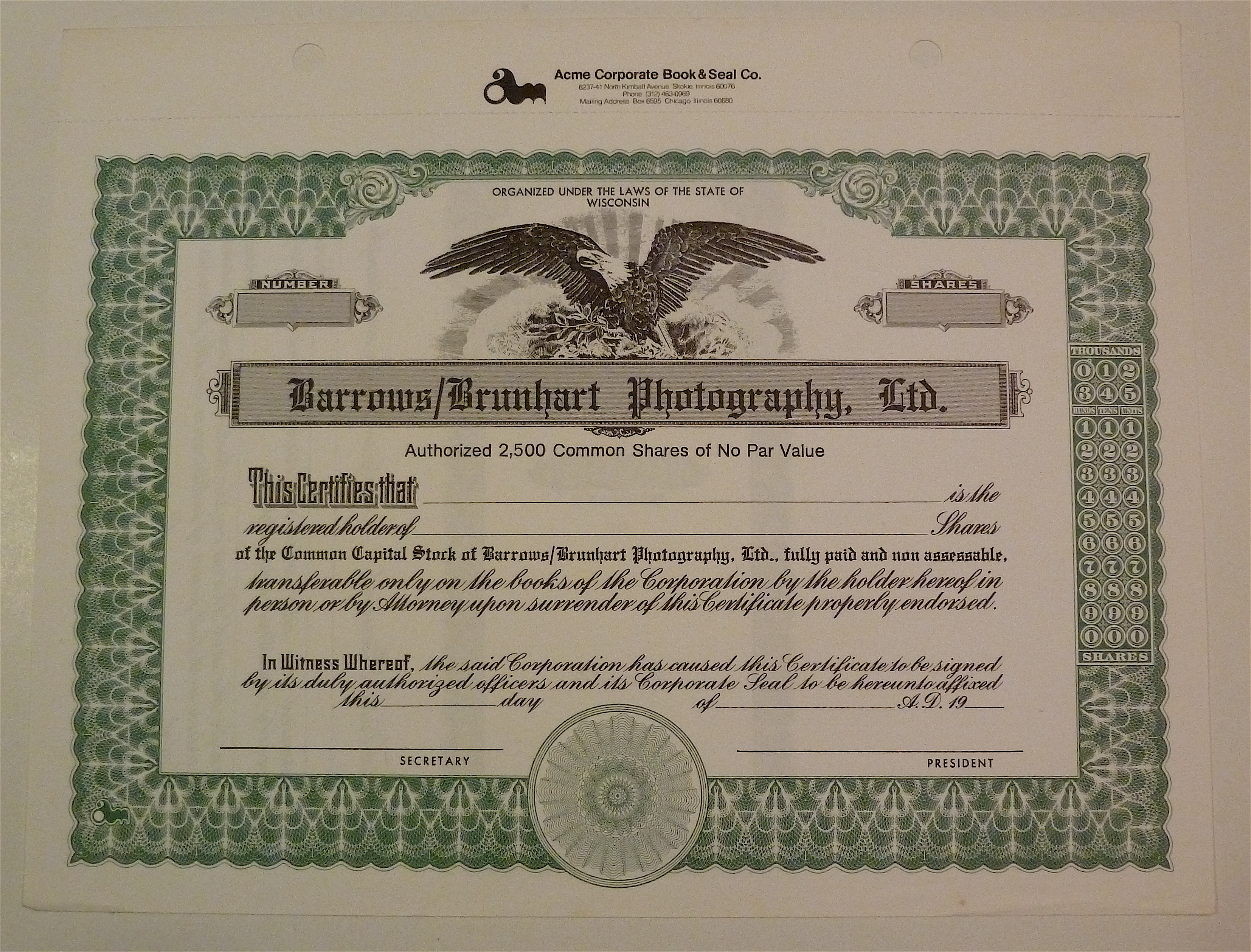 Barrows/Brunhart Photography Ltd Stock Certificate
