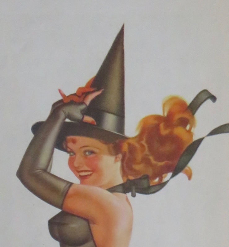 Original 1945 Sexy Halloween Pin Up Girl Wearing A Black Bodysuit Wearing A Witch's Hat While On A Broom By George Petty