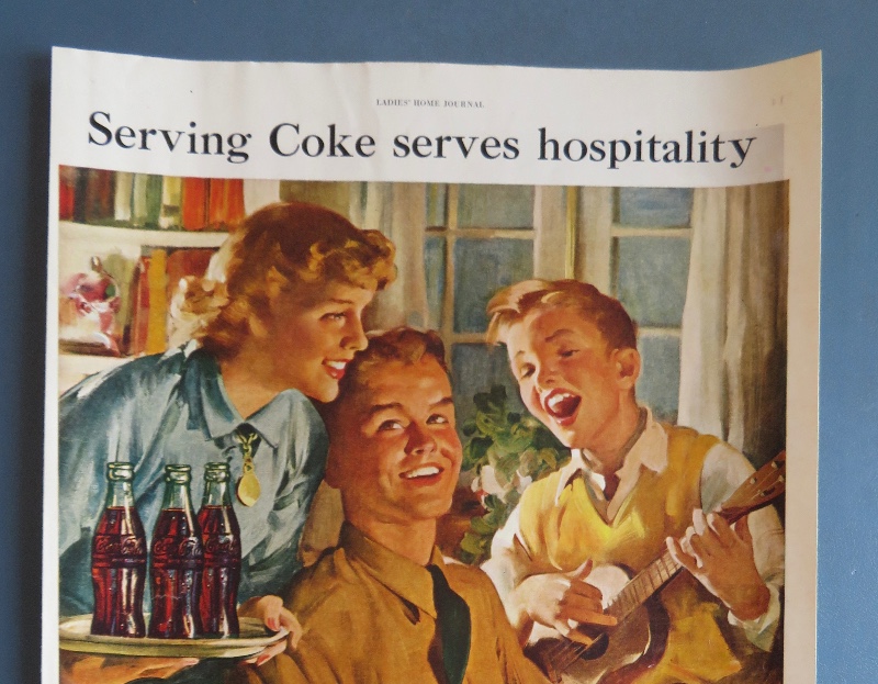 1951 Coca Cola (Coke) with Soldier Playing Piano while a boy plays guitar & woman holds a tray with bottles of Coke