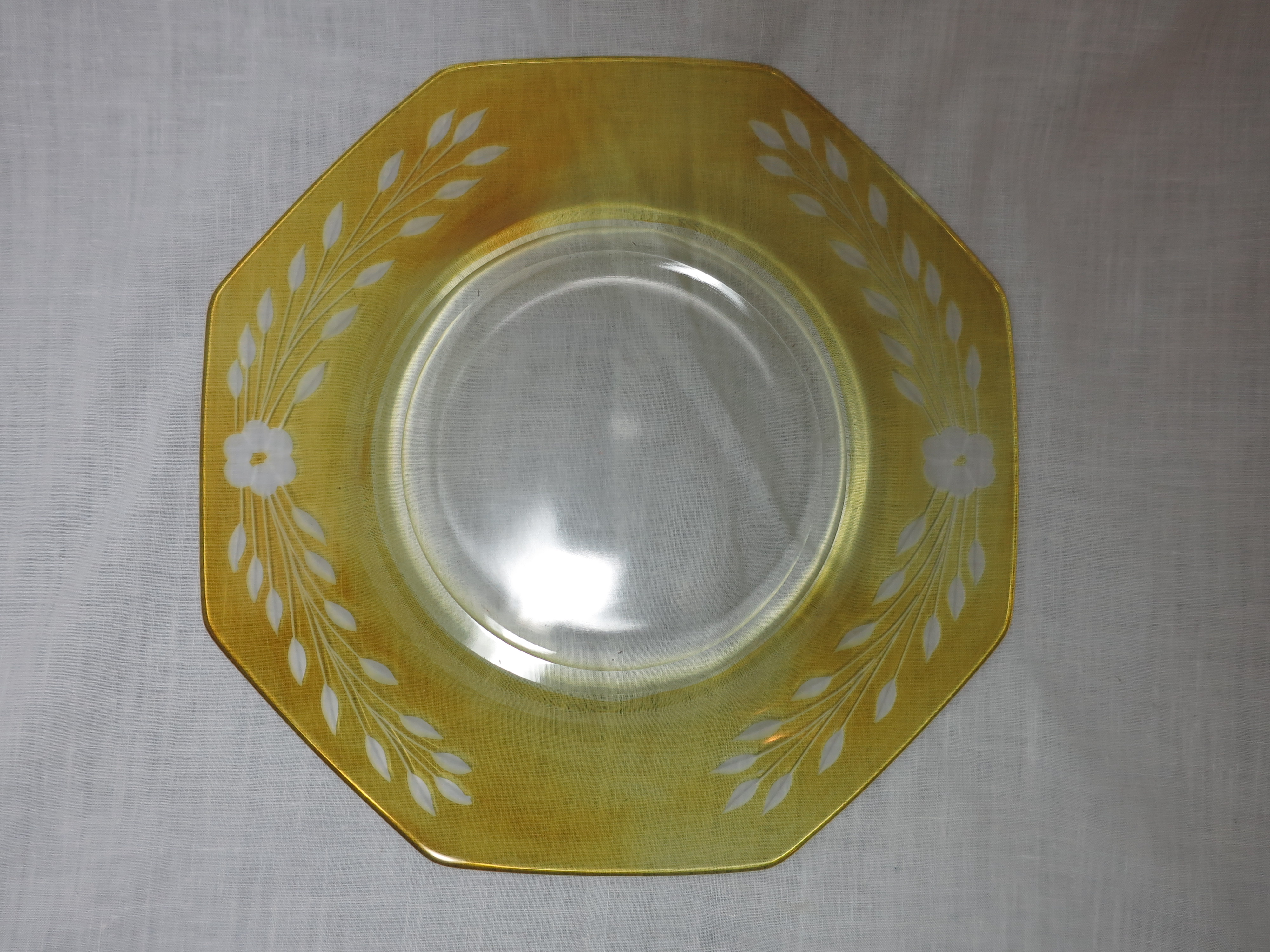 Yellow Hexagon Glass Plate Satin Etched 9 1/2 inch