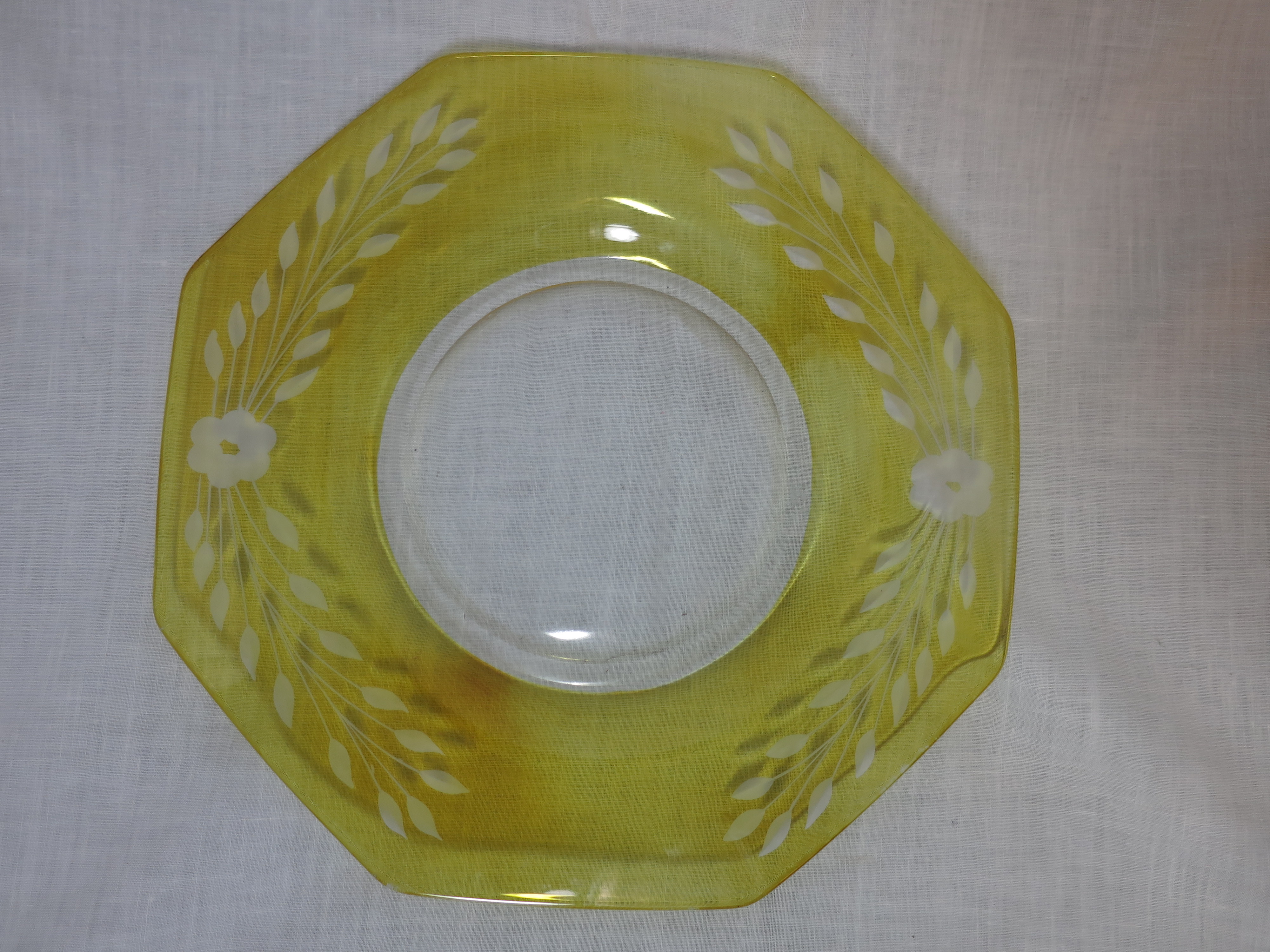 Yellow Hexagon Glass Plate Satin Etched 9 1/2 inch