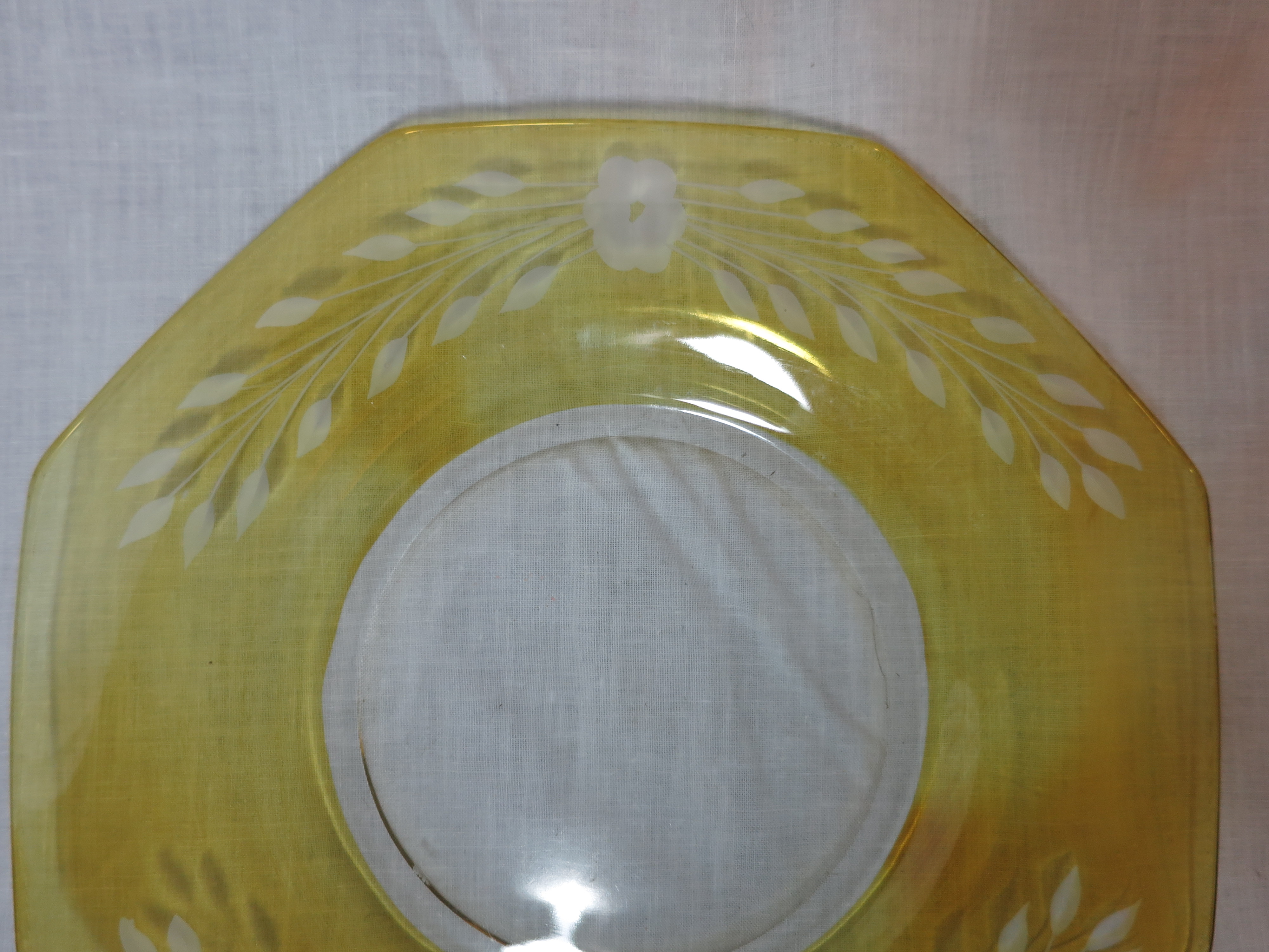 Yellow Hexagon Glass Plate Satin Etched 9 1/2 inch