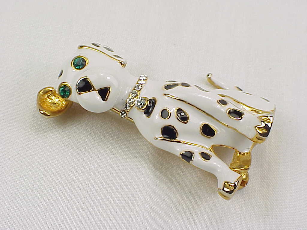 Black And White Enamel Dalmation Dog Brooch With Rhinestones